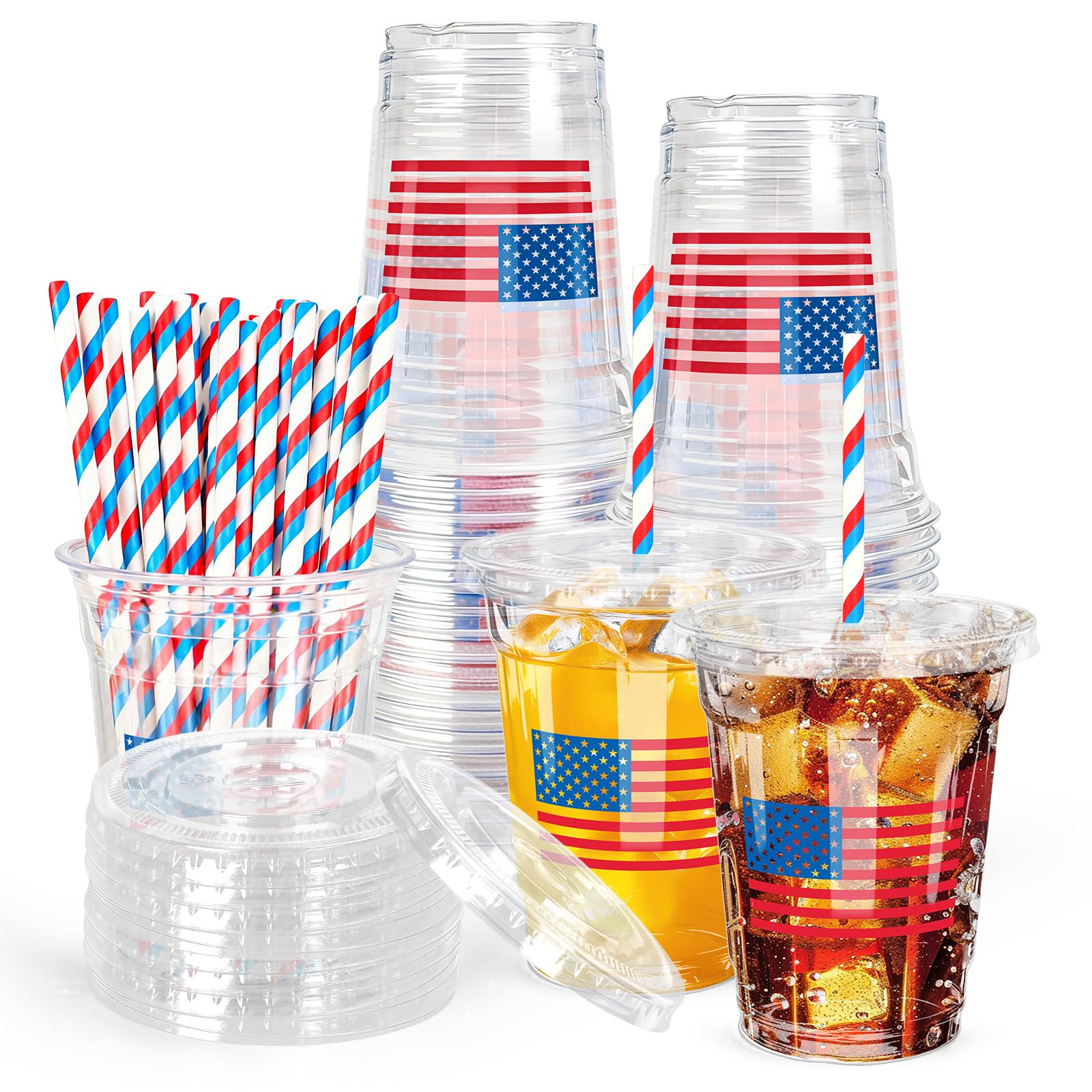Whaline 50 Pcs Patriotic Flag Plastic Cups with Lids and Straws 16oz Clear Drinking Cups American Flag Disposable Cup for 250th 