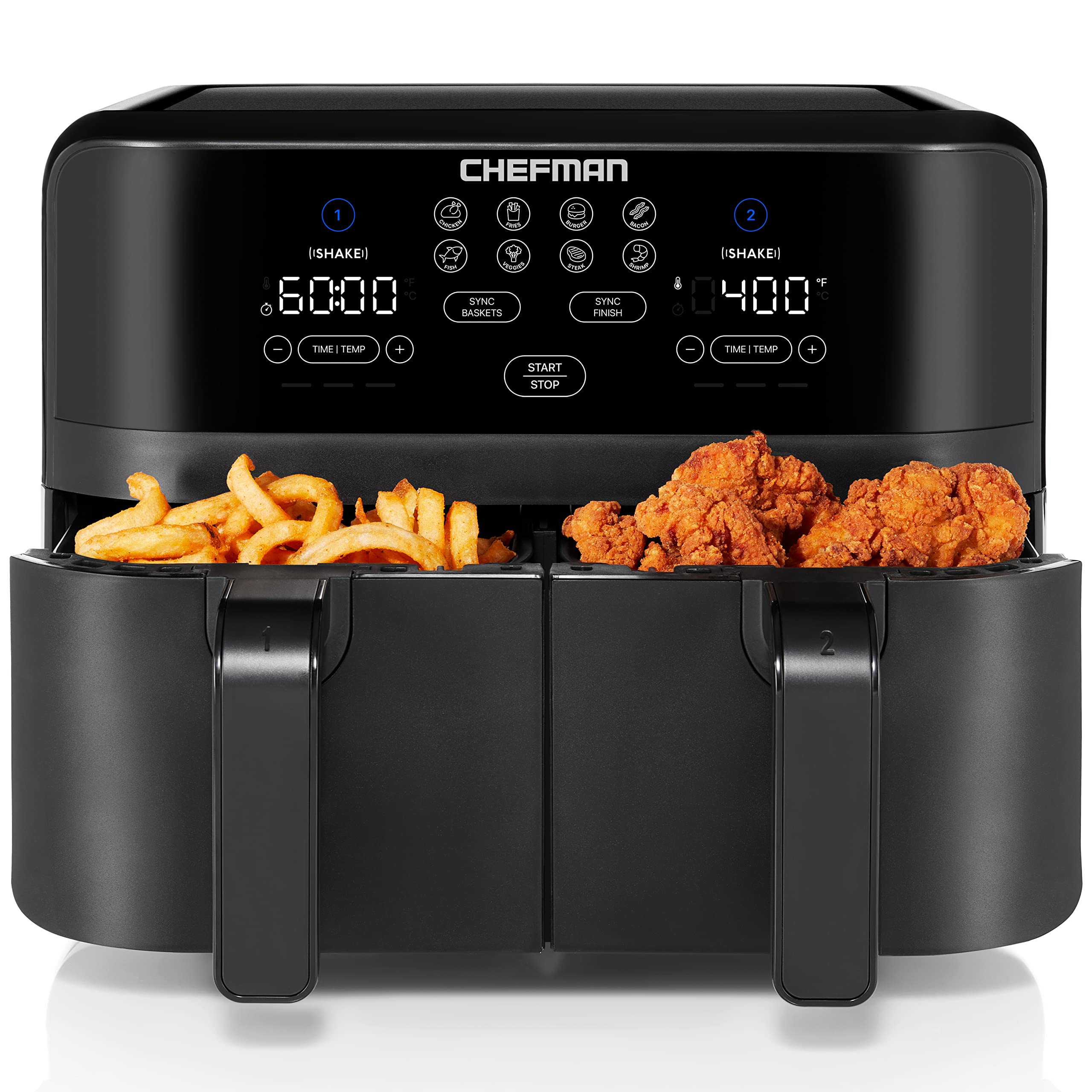 Chefman Turbofry Touch Dual Air Fryer, Maximize The Healthiest Meals With Double Basket Capacity, One-Touch Digital Controls And