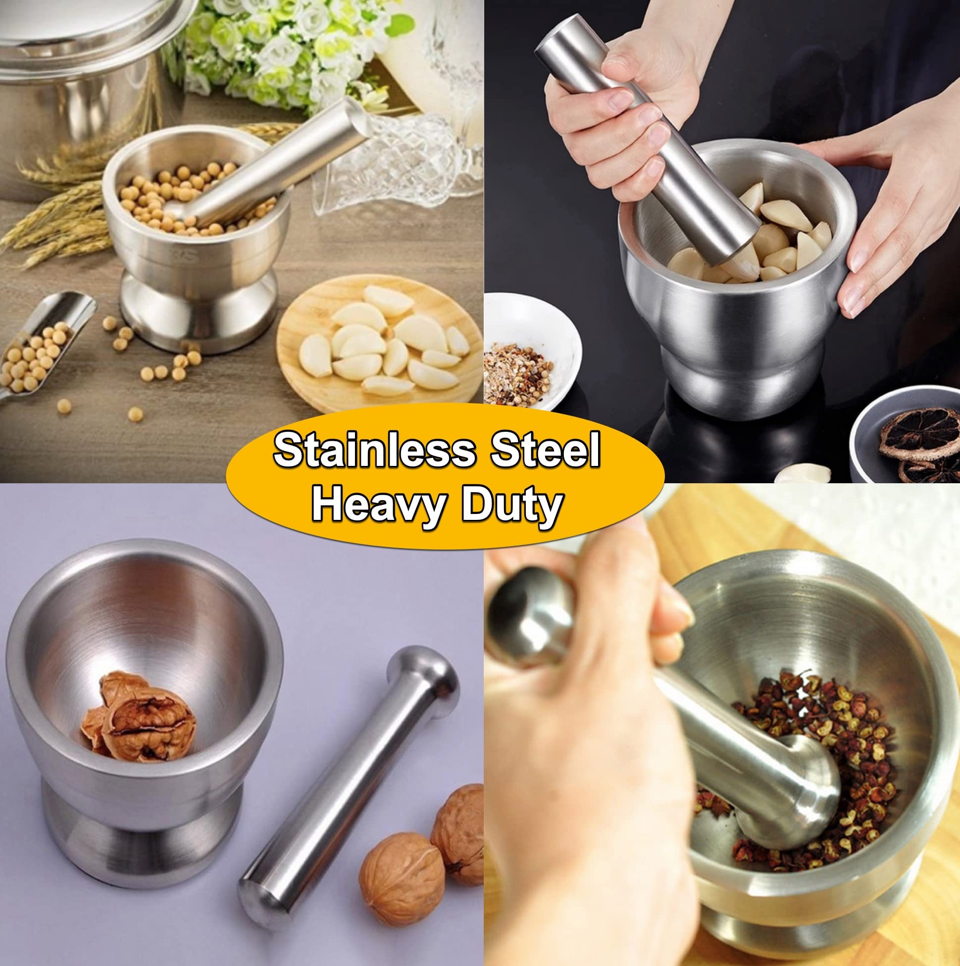 Emart4U Mortar And Pestle Set, Stainless Steel Grinder & Crusher With Silicone Lid Excellent As Pill Crusher Spice Coffee Grinde