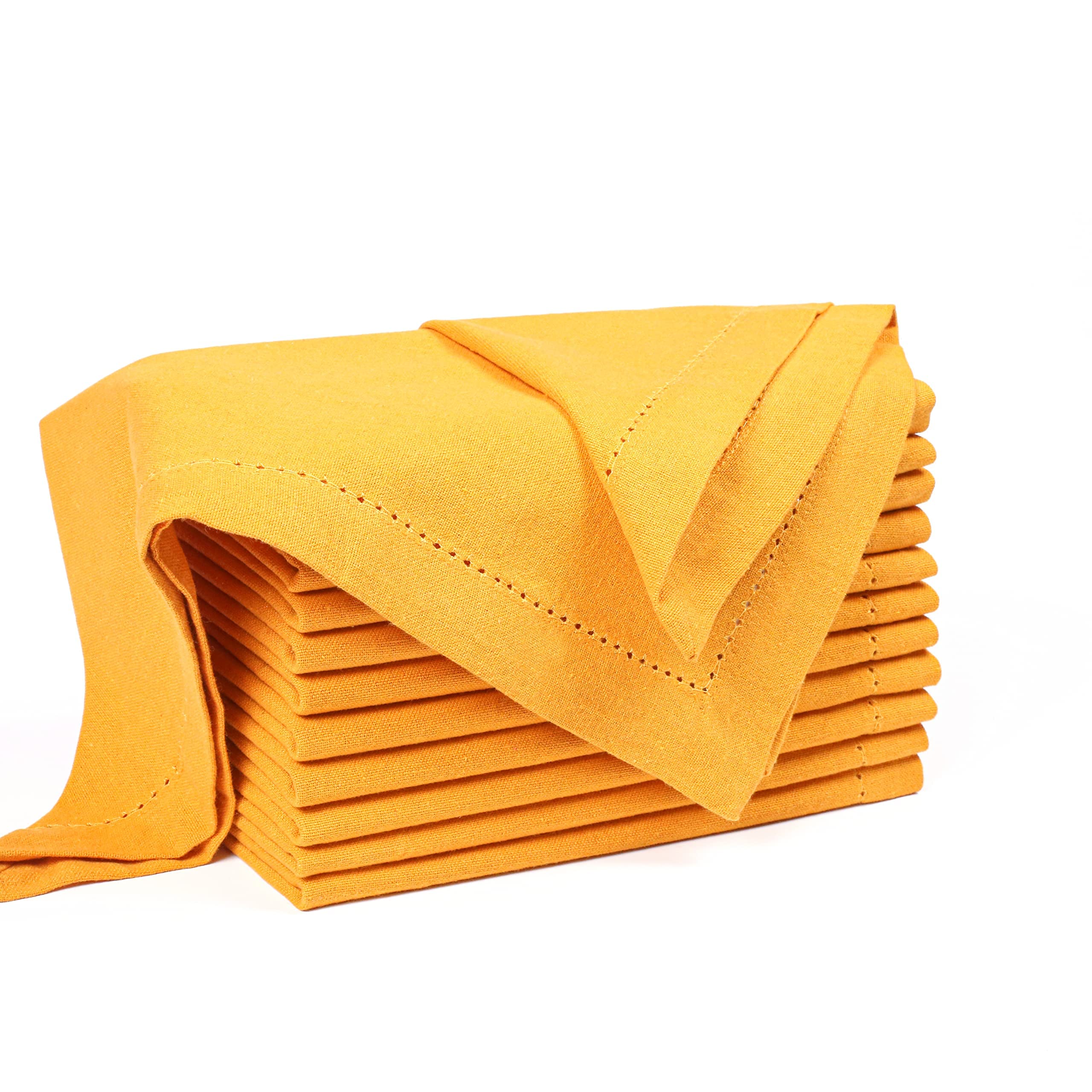Palisa Cloth Dinner Napkins With Hemstitched Detailing & Mitered Corners Set Of 12 (18X18 Inches) Mustard - Cotton Reusable Dinn