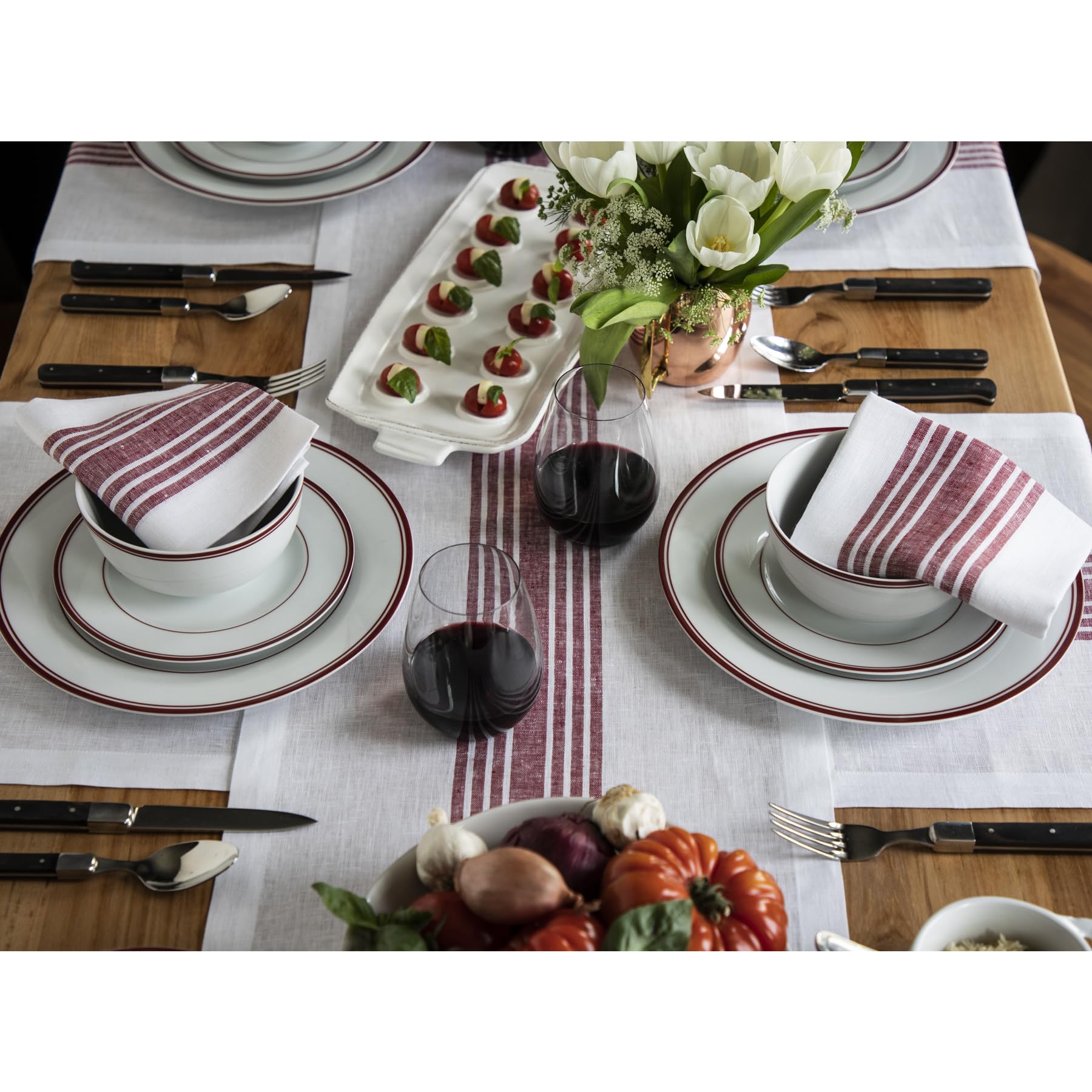 Solino Home Farmhouse Stripe Linen Table Runner 120 Inches Long - 100% Pure Linen 14 X 120 Inch Extra Long Table Runner, Burgund