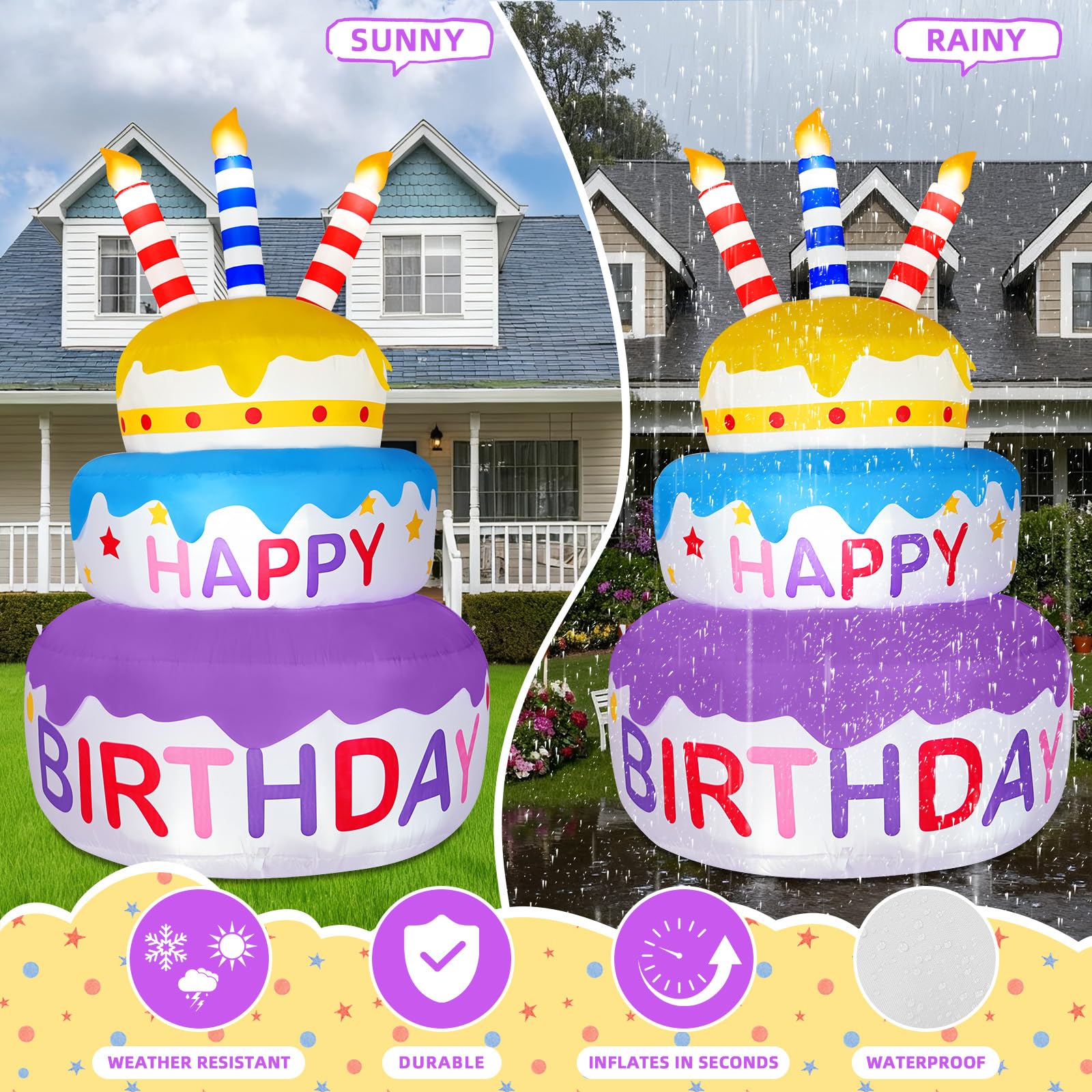 B&D 6FT Happy Birthday Cake Inflatable with 180 Rotation, 3-Color Yellow Blue Purple Tiered Cake with Sparkling LED Lights, Blow