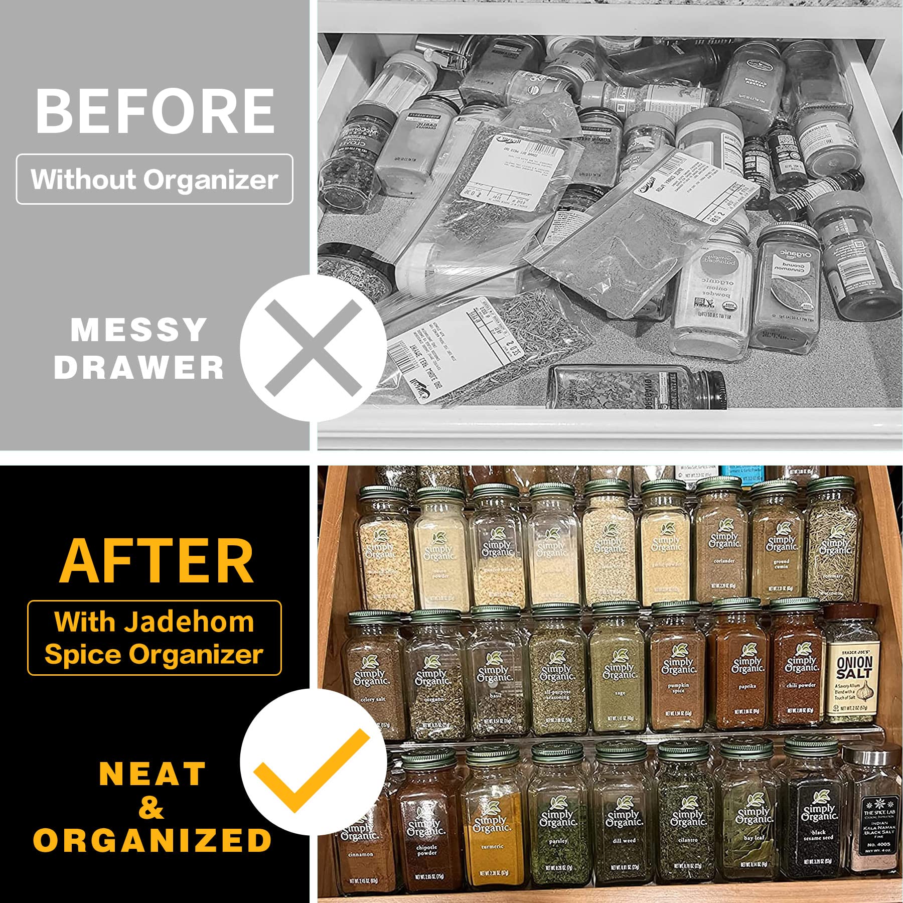 Spice Drawer Organizer, 6 Pcs Clear Acrylic In Drawer Seasoning Jars Rack, Expandable From 8'' to 16'' Kitchen Cabinets/Countert