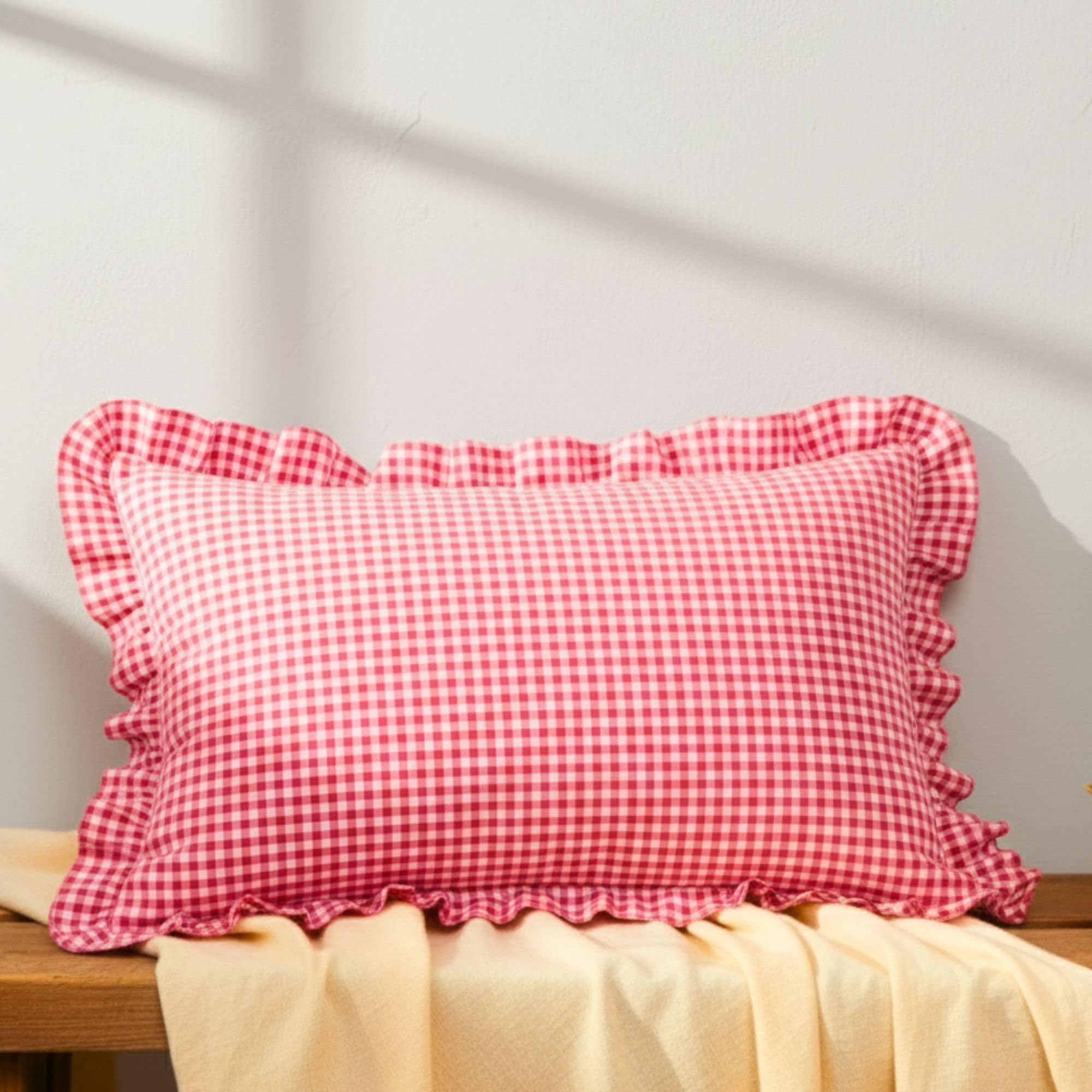 Sleepy Threads Polycotton 220 Tc Pink Pillow Covers, Checkered Cover With Frill Border|27X18 Inch|Throw Pillow Covers For Sofa, 