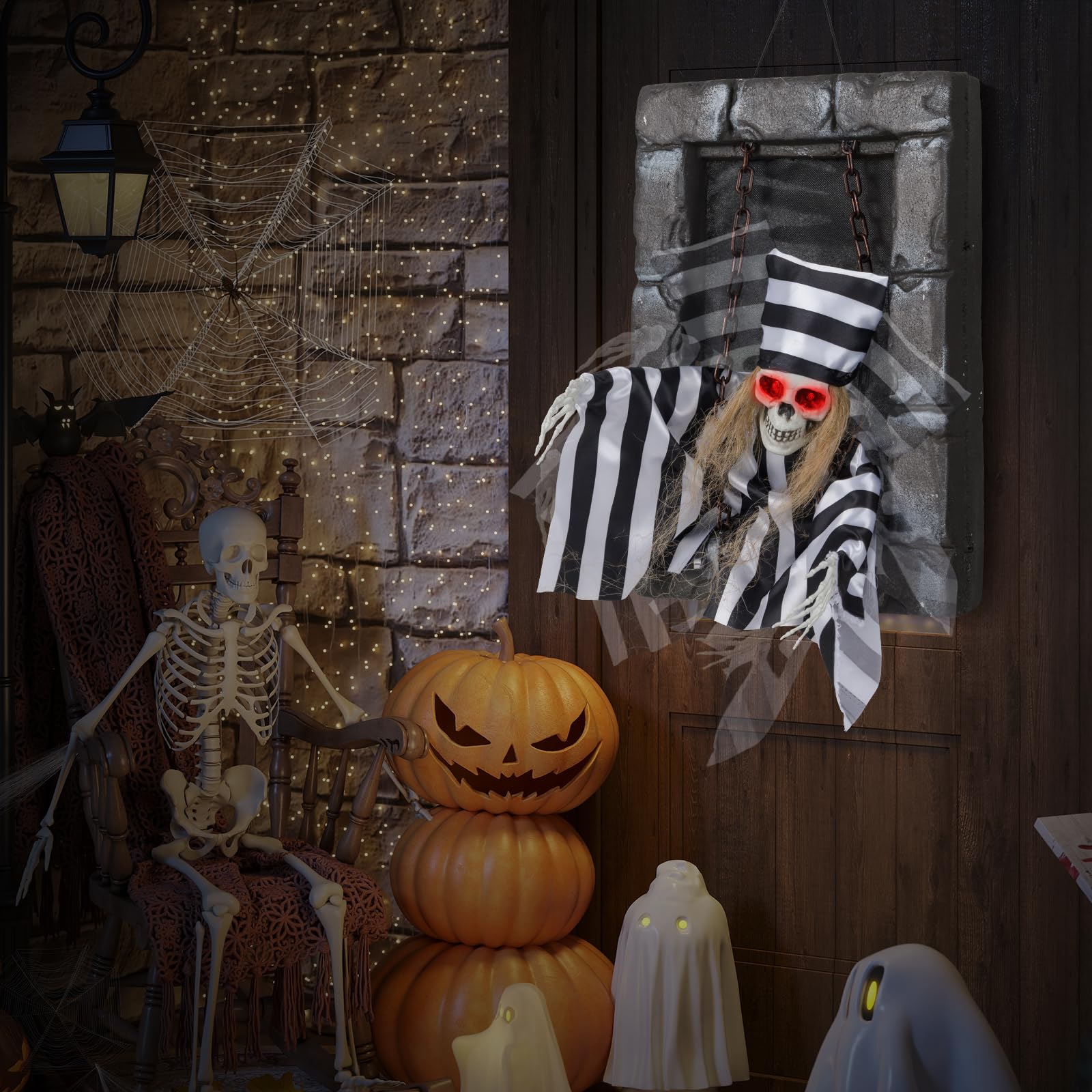 Tangkula Halloween Decorations Indoor, 18    Hanging Skull Prisoner with Light-up Eyes & Spooky Sounds, Sound-Activated Hallowee