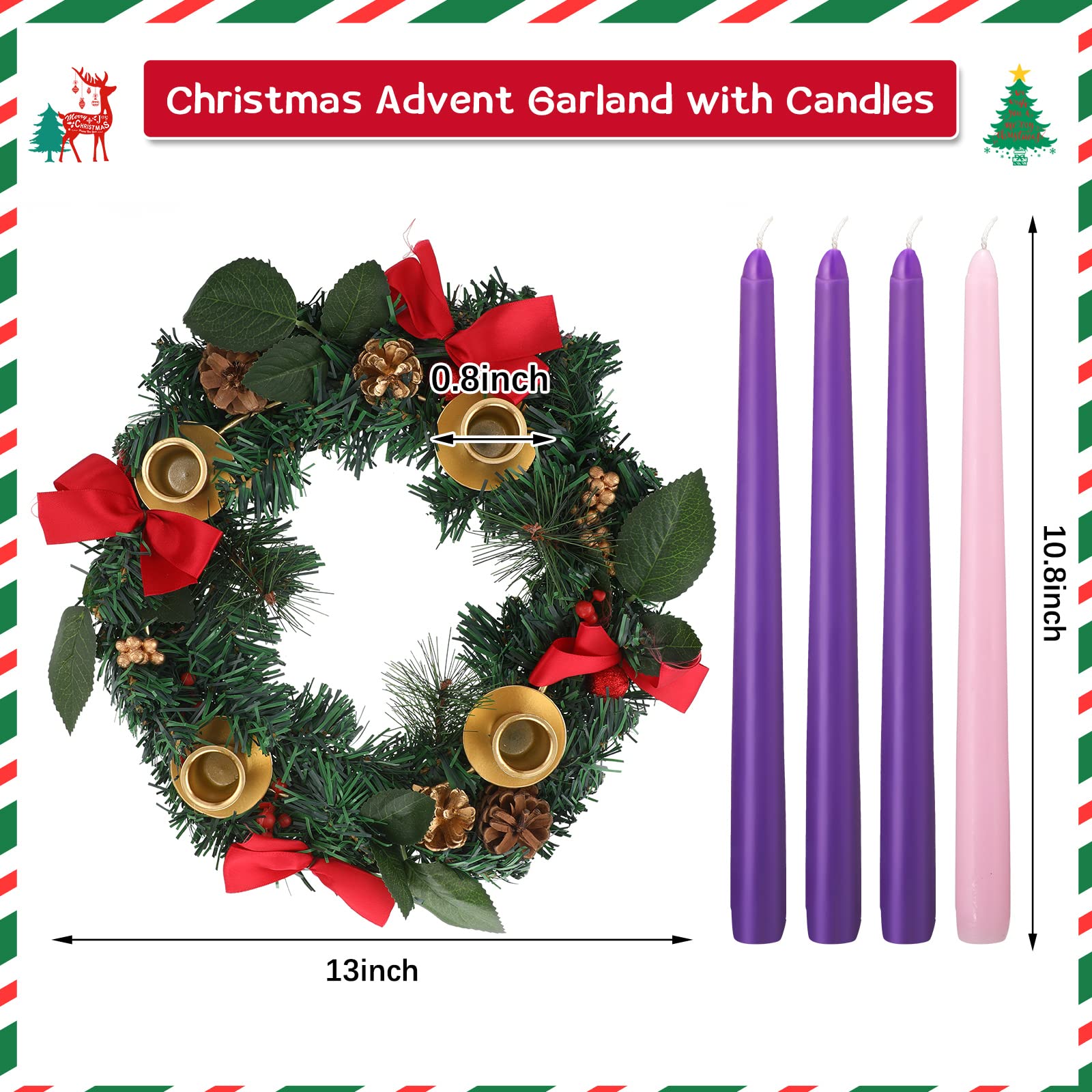 Dingion 12 Inch Christmas Advent Wreath Advent Candle Holder with 4 Taper Candles Remote Control Christmas Centerpiece Decoratio