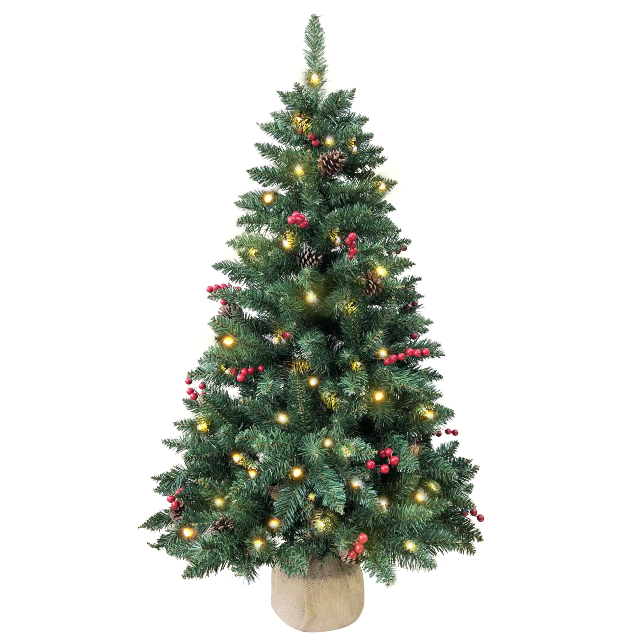 SZCXTOP 4ft Pre-lit Christmas Tree,Artificial Pine 300 PVC Branches Tips with 20 Red Berries & 20 Pinecone & 100 LED Lights & Bu