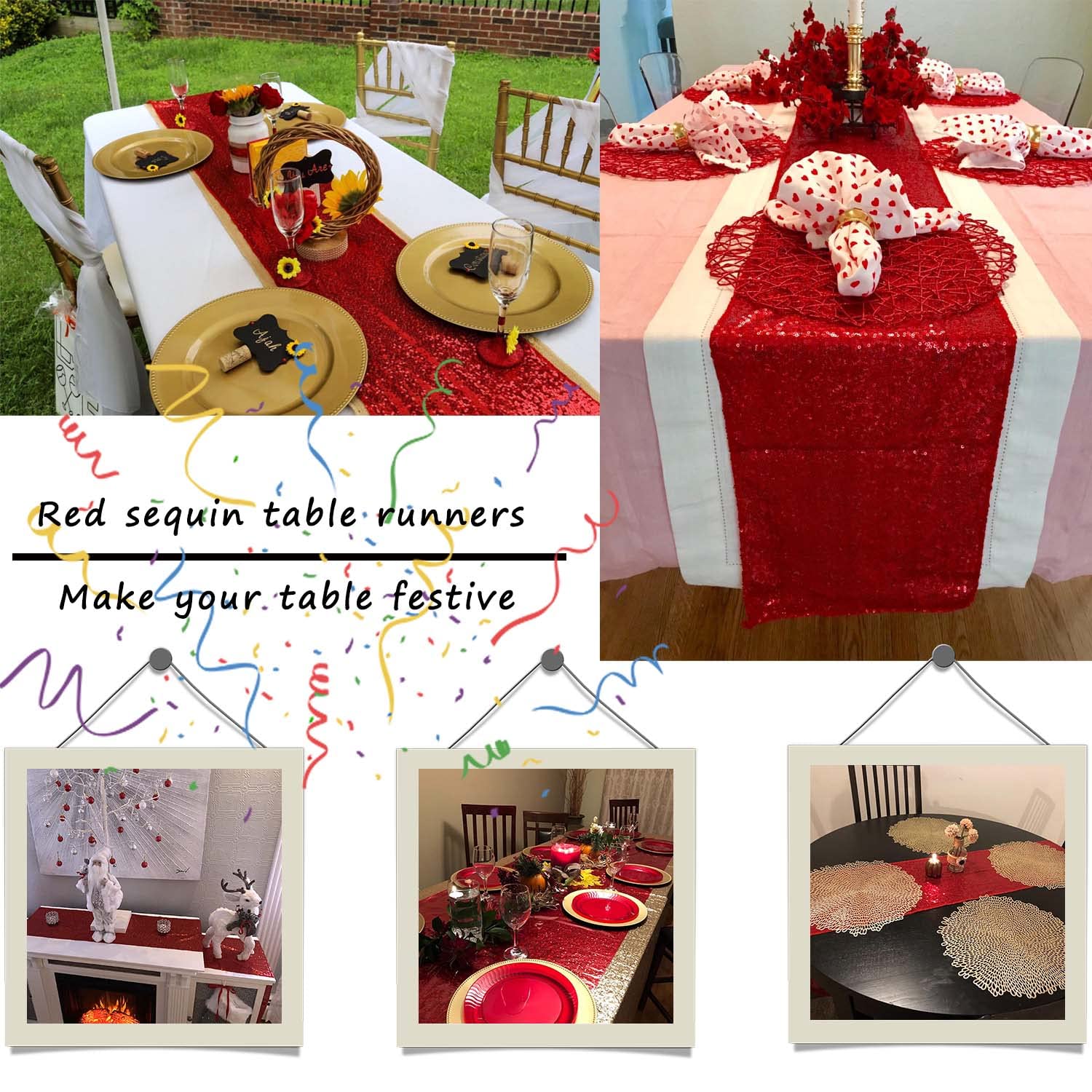 Tcbesto Red Sequin Table Runner 12'' X 108'' Pack Of 6 Red Metallic Sequins Table Runner Glitter Red Party Decorations Baby Show
