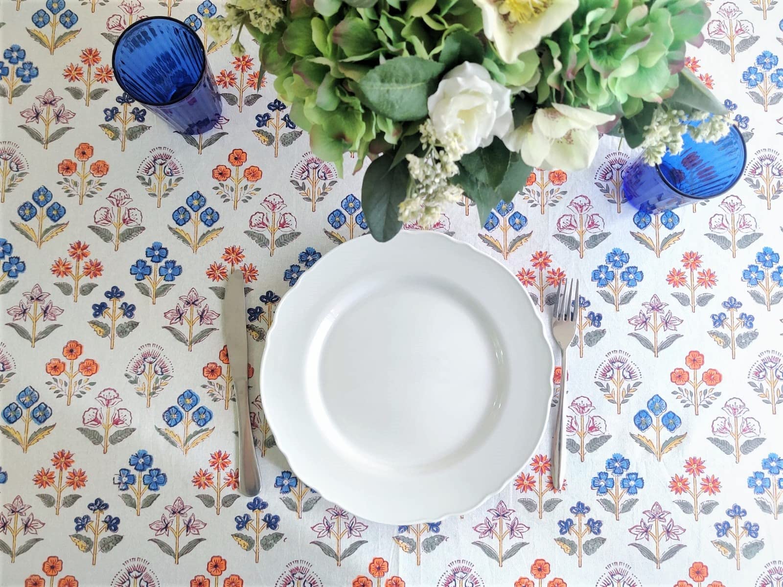 ATOSII Flora Bloom 100% Cotton Square Boho Fall Tablecloth, Handblock Floral Table Cloth Linen for Kitchen Dining I Parties Wedd
