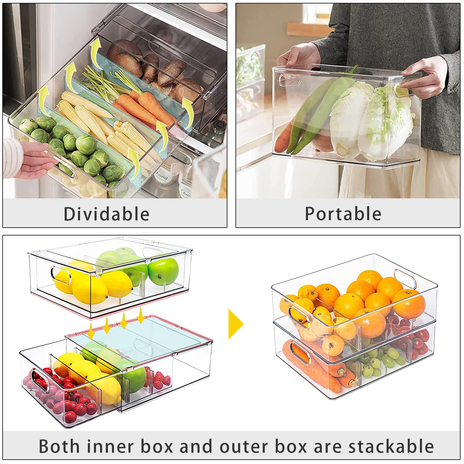 MineSign 4Pack Stackable Fridge Drawers Pull-out Storage Bins with Handle Clear Food Container for Refrigerator Plastic Dresser Organizer Fruit&Veggie Keeper for Freezer Cabinet Kitchen Organization