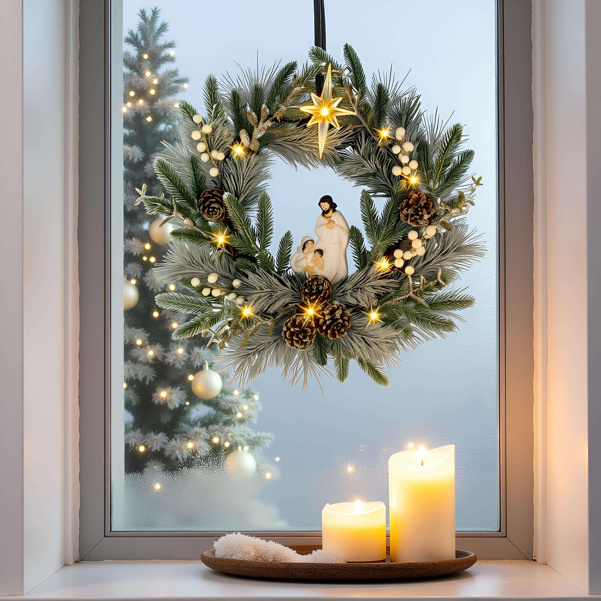 YULETIME 20 Pre-Lit Nativity Wreath, Battery Operated with 10 Fairy Lights, Holy Family Nativity Statue, Star of Bethlehem, Pine