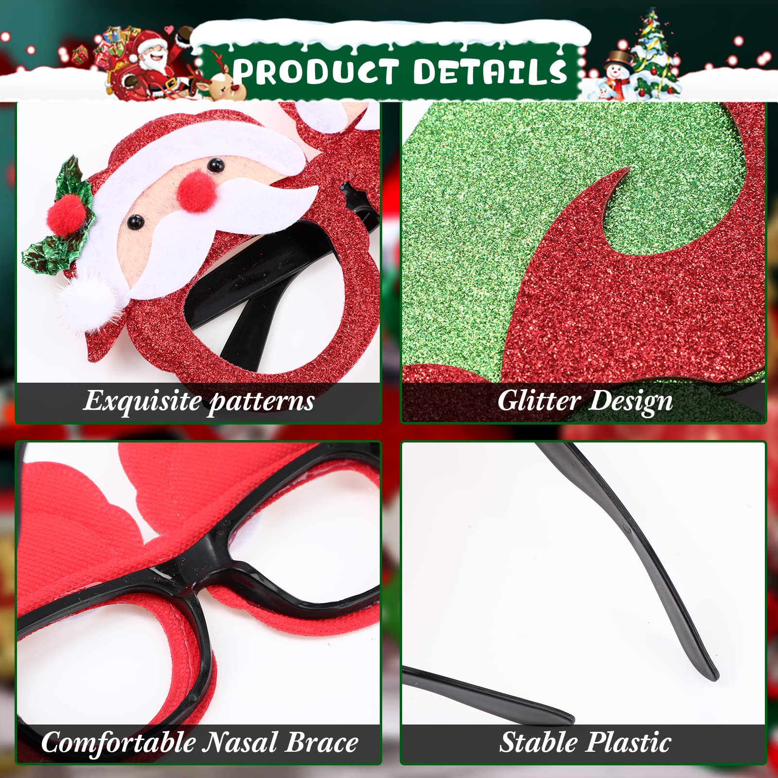 Threan 24 Pcs Christmas Glasses Frame Glitter Christmas Party Favor Novelty Holiday Eyewear Xmas Funny Photo Booth (Lovely Style