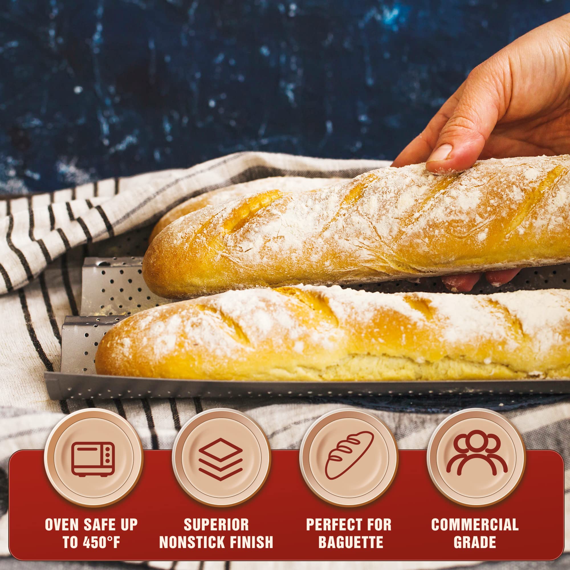 Kitessensu Nonstick Baguette Pans For French Bread Baking, Perforated 4 Loaves Baguettes Bakery Tray, 15'' X 13'', Silver