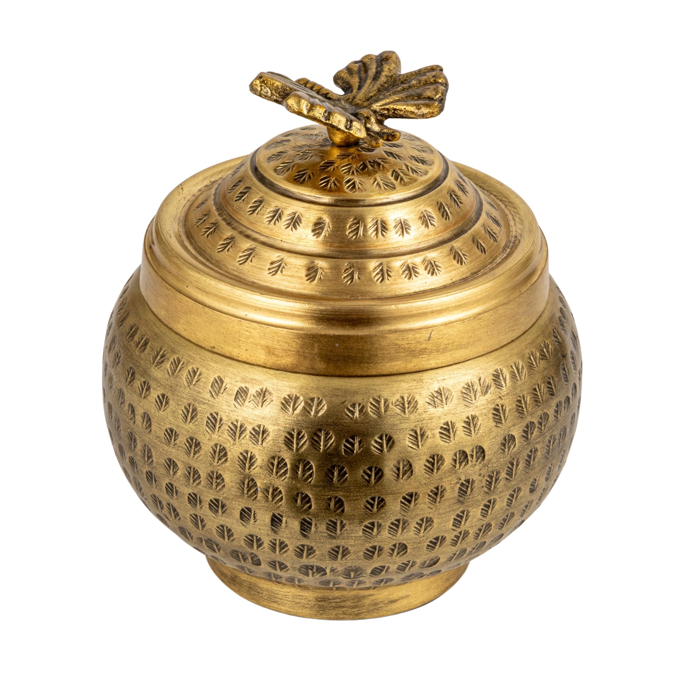 Creative Co-Op Round Hammered Metal Container with Butterfly Finial, Brass Finish