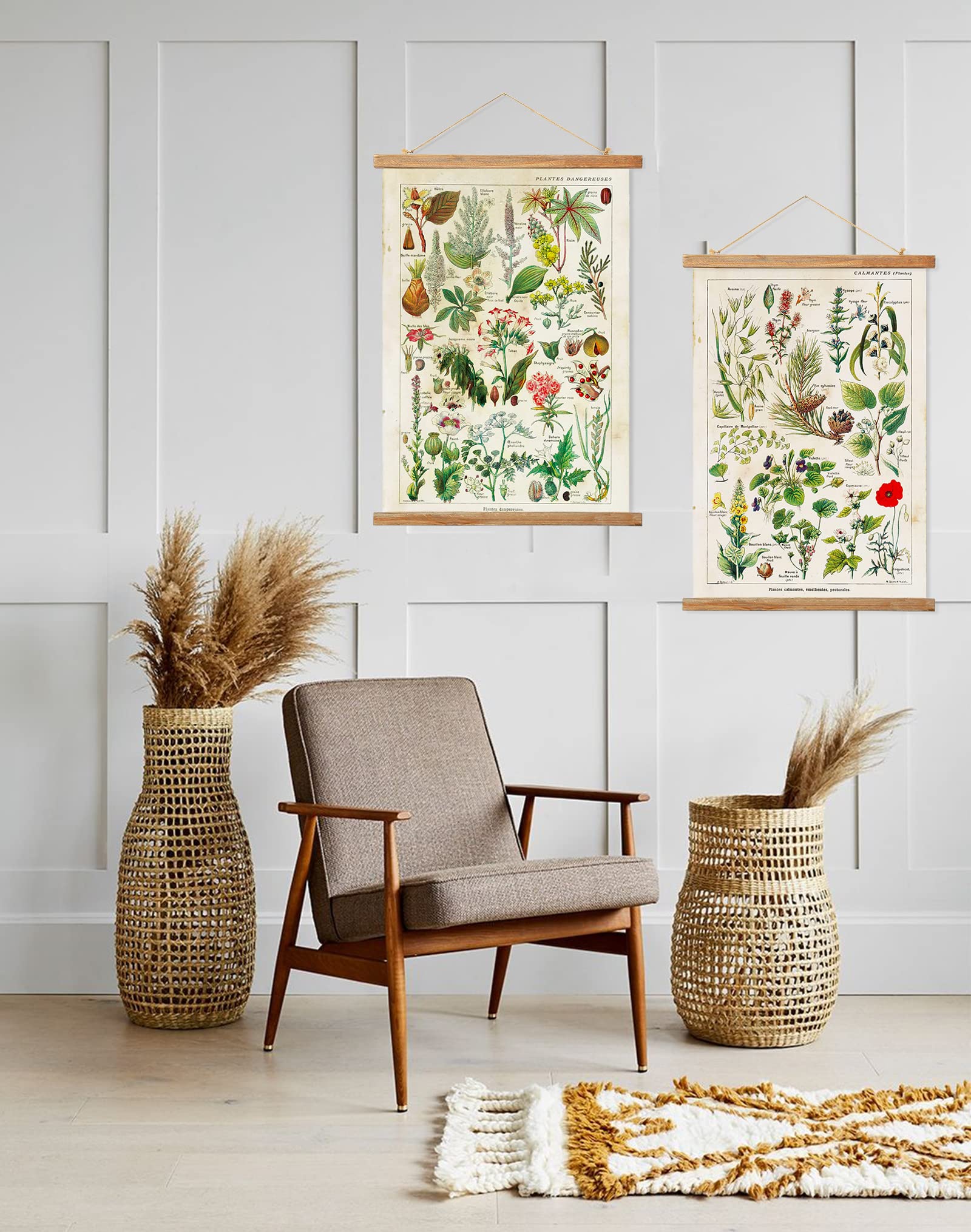 2 Pack Vintage Botanical Plant Poster Hanger Frame, Retro Style Wall Art Prints, Printed On Linen With Natural Wooden Frames, Fo