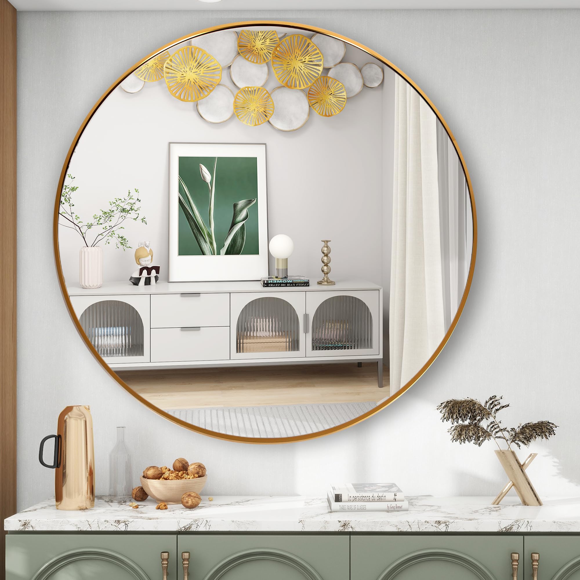 FANYUSHOW Round Mirror For Bathroom, Gold Circle Mirror For Wall Mounted, 24 Modern Brushed Brass Metal Frame Round Mirror For W