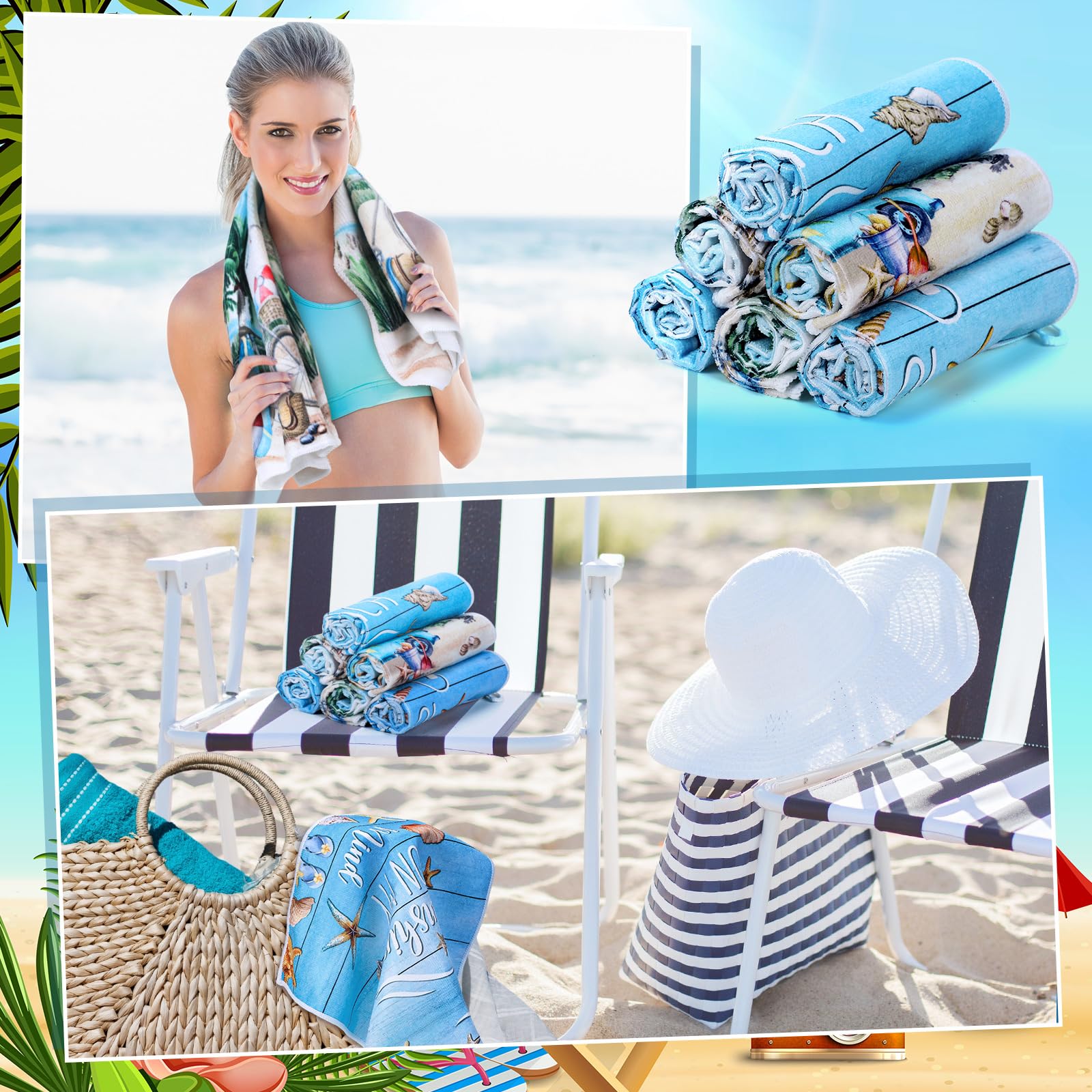 Tudomro 6 Pcs Summer Beach Kitchen Towels Beach Truck Shell Dish Towels Absorbent Soft Kitchen Fingertip Towels Blue Fresh Summe
