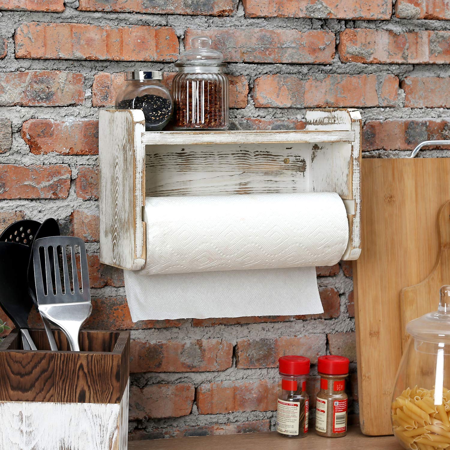 Mygift Paper Towel Roll Holder, Shabby Whitewashed Wood Farmhouse Wall Mounted Kitchen Napkin Dispenser Rack With Top Storage Sh