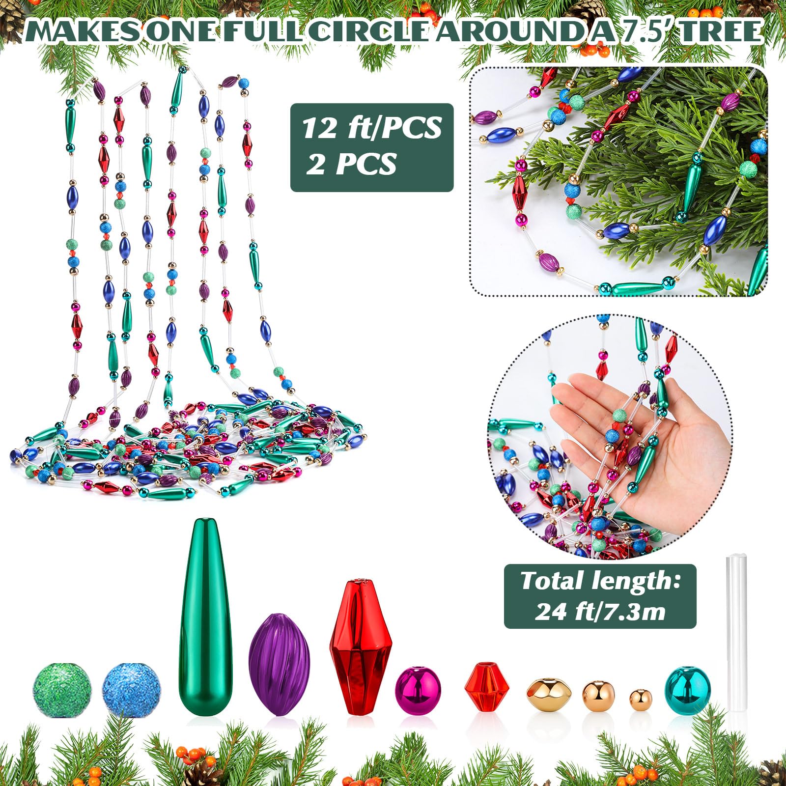 Suncalla 24 Feet Exquisite Christmas Tree Decor Acrylic Beads Xmas Tree Garland Multicolor Glitter Hanging Bead Decorations Garl