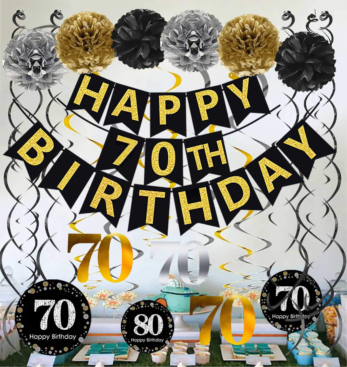 Famoby Black & Gold Glittery Happy 70Th Birthday Banner,Poms,Sparkling 70 Hanging Swirls Kit For 70Th Birthday Party 70Th Annive