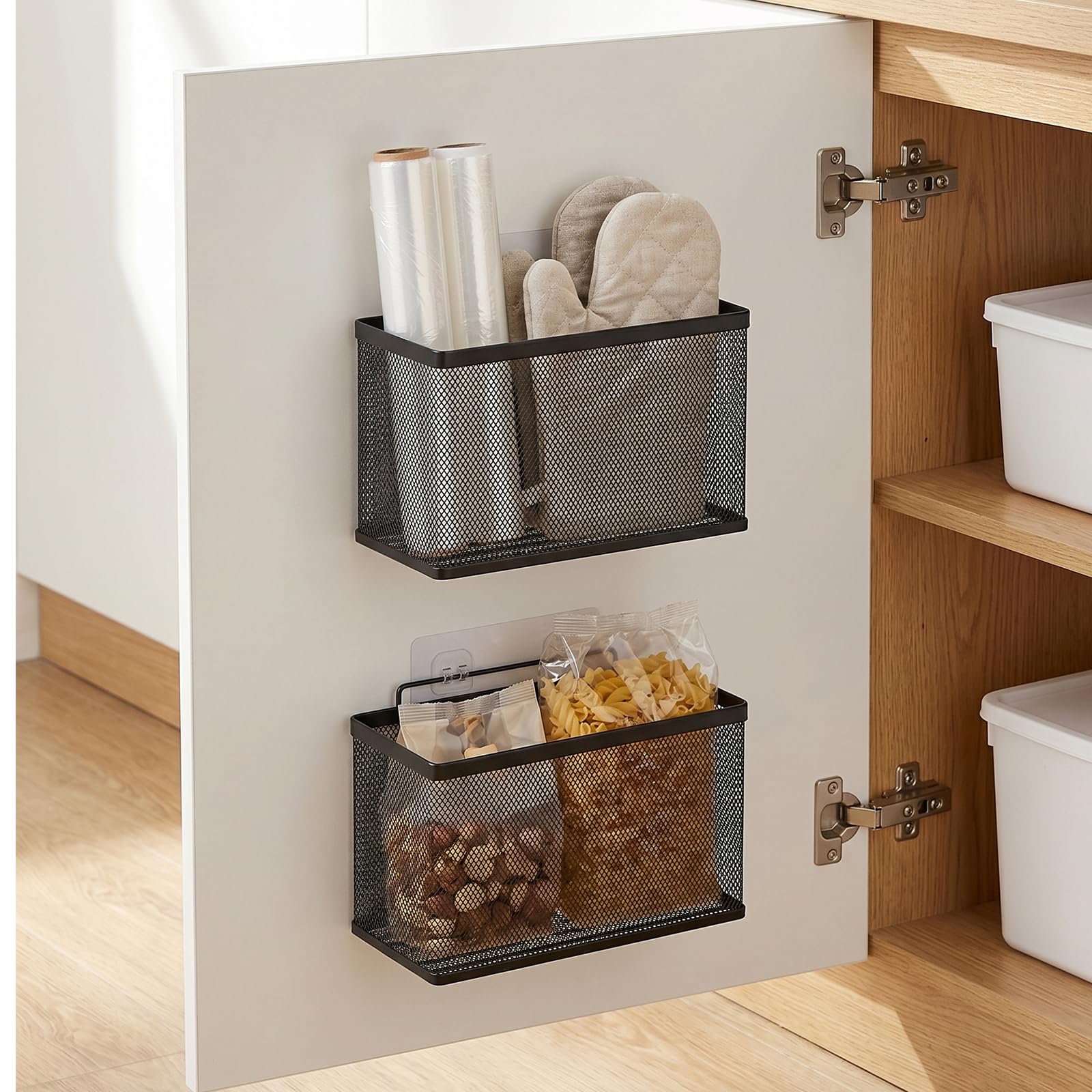 Gurwen Adhesive Cabinet Door Organizer, 2 Pack Metal Baskets for Kitchen