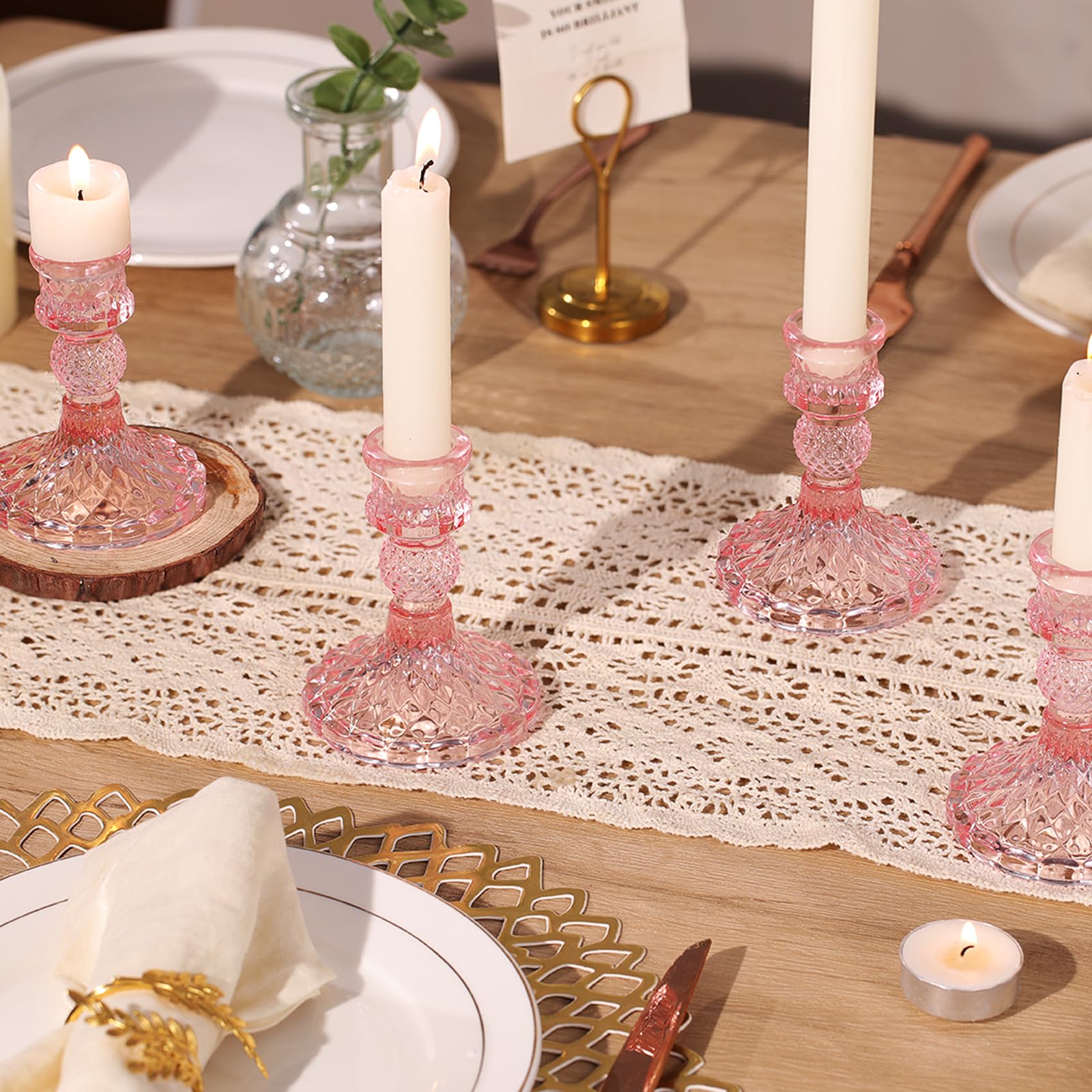 12Pcs Pink Candlestick Holders Set- 4 H Taper Candle Holders Bulk, Glass Candle Holders for Wedding, Party, Romantic Dinner Tabl