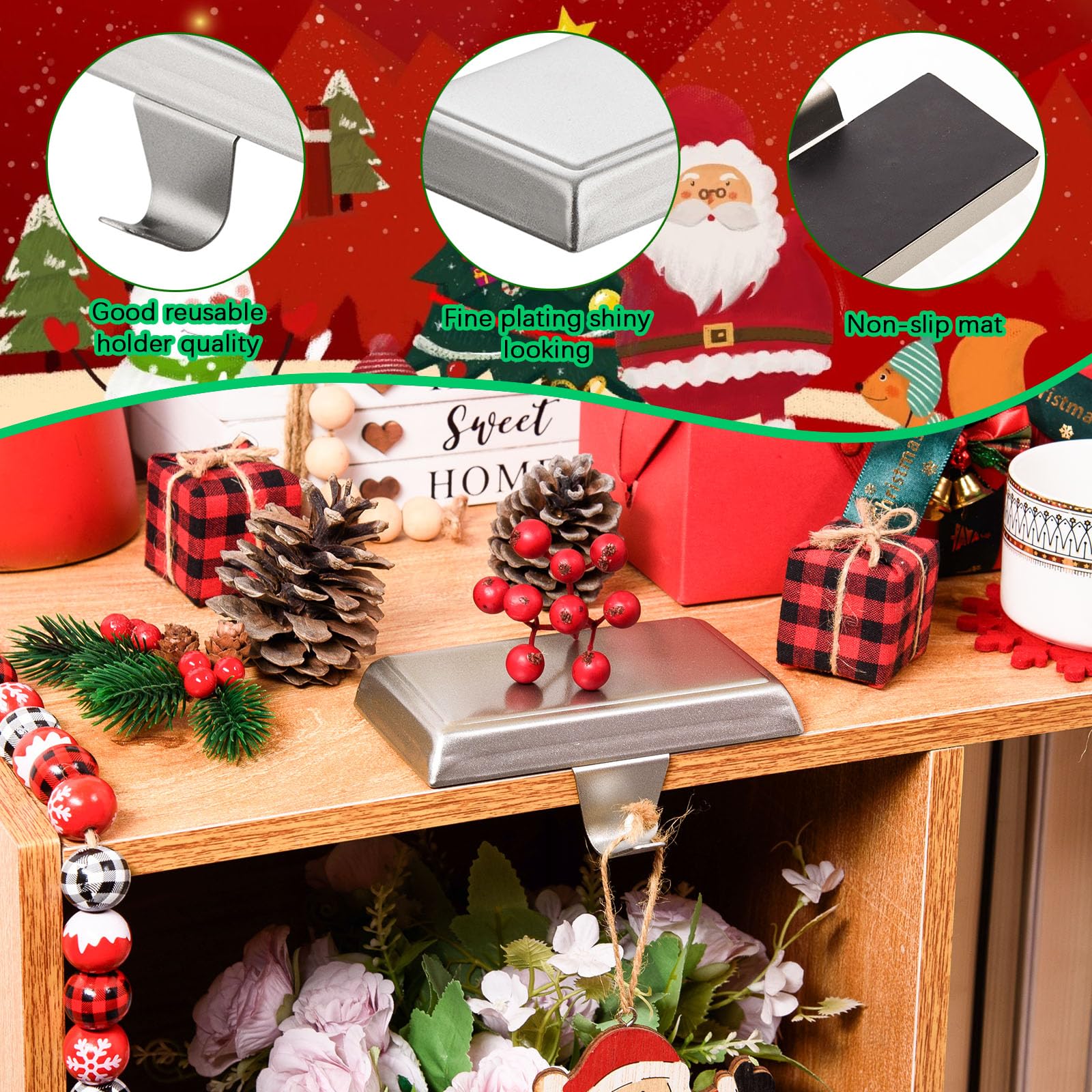 Festanlee 2 Pack Christmas Stocking Holders Ornament Hooks Mantel Weighted Stocking Hangers Metal Hanging Hooks Heavy Duty Stock