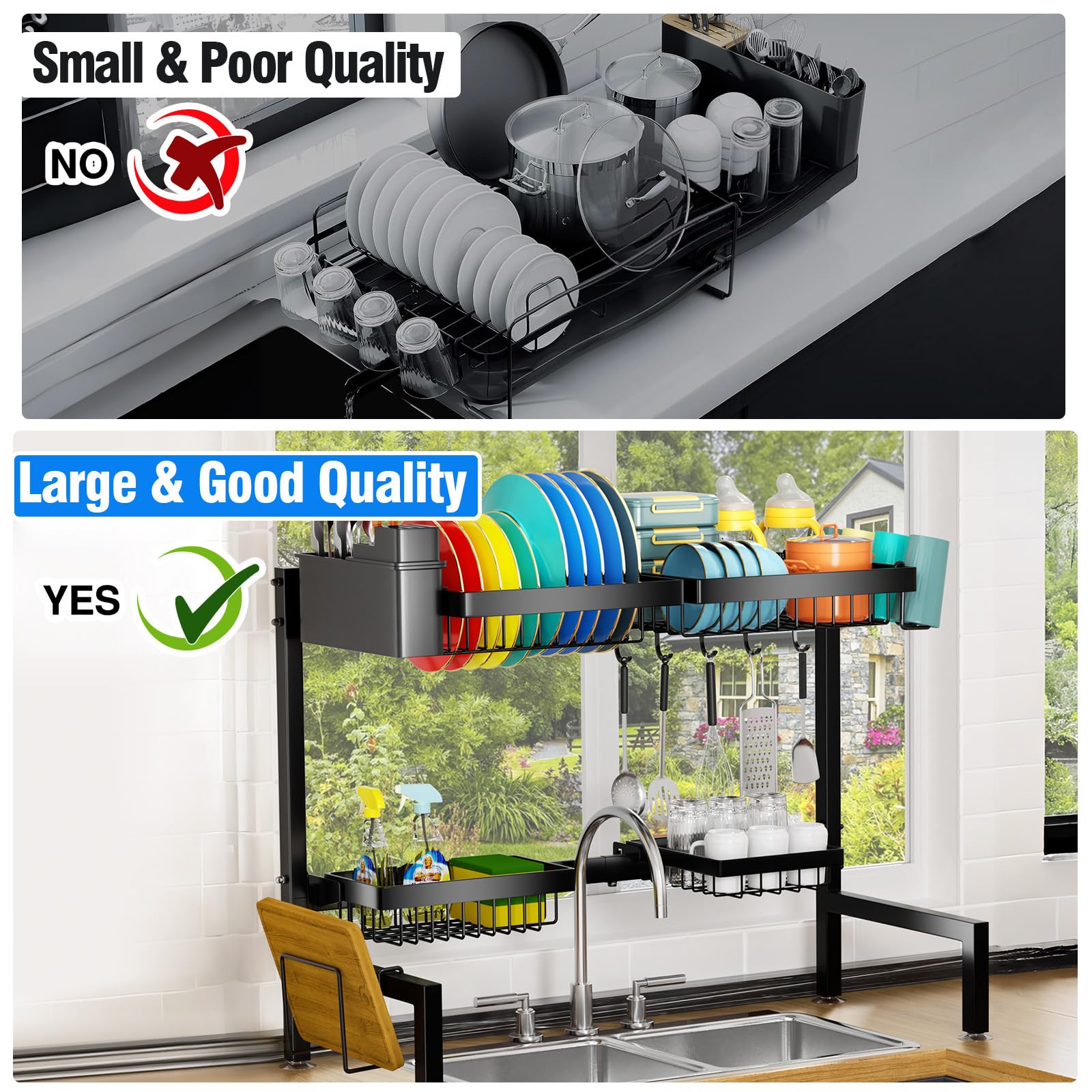 YKLSLH Over The Sink Dish Drying Rack, 2 Tiers 4 Baskets, Extendable Metal Rack, Black, Fits Sinks 24.8"-35.4"