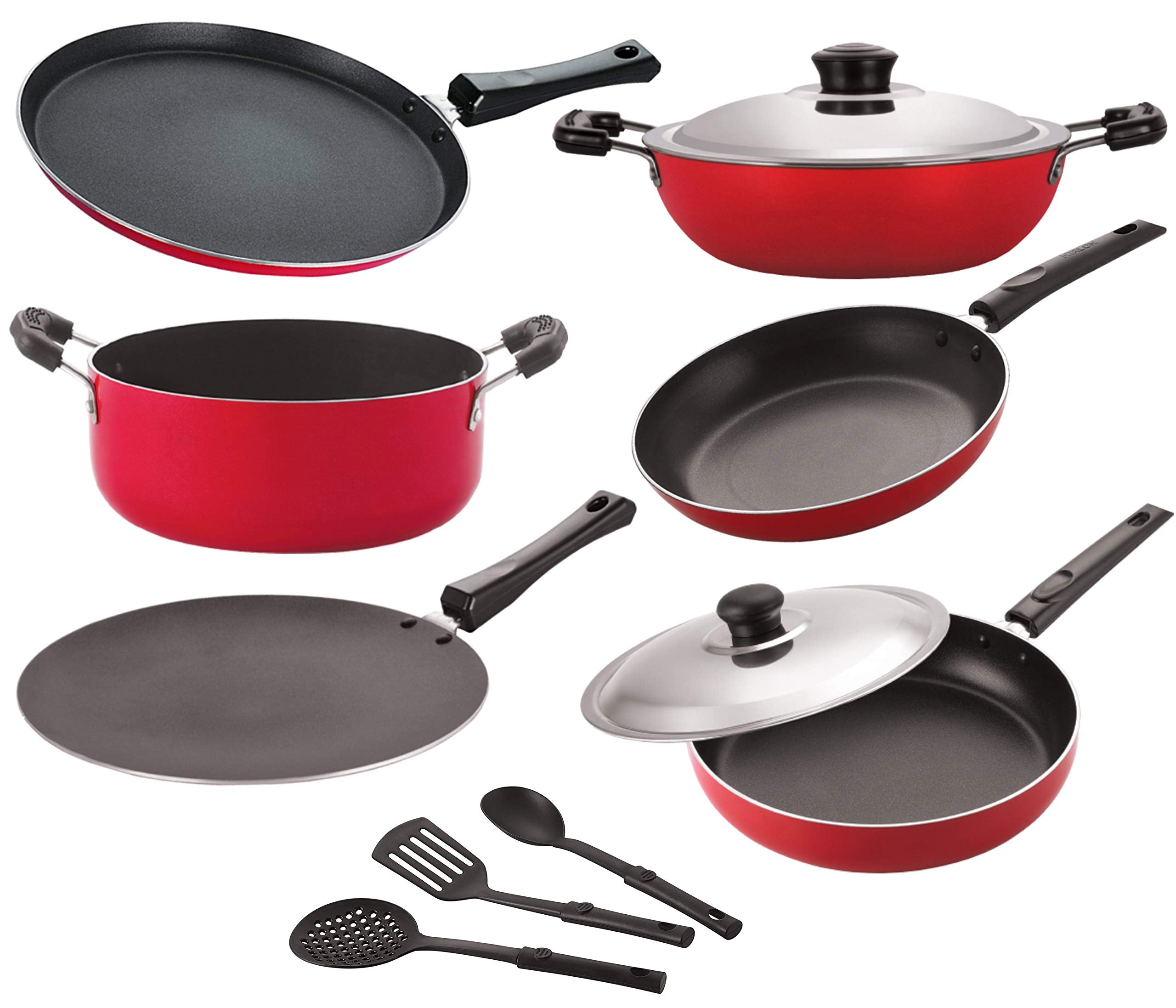 Nirlon Dishwasher Safe Non Stick Cookware Pots And Pans Set Of 9 Pieces |26_Ft12_Dkdb_Tp_Ft11_Cass20_Fp12_3Spn