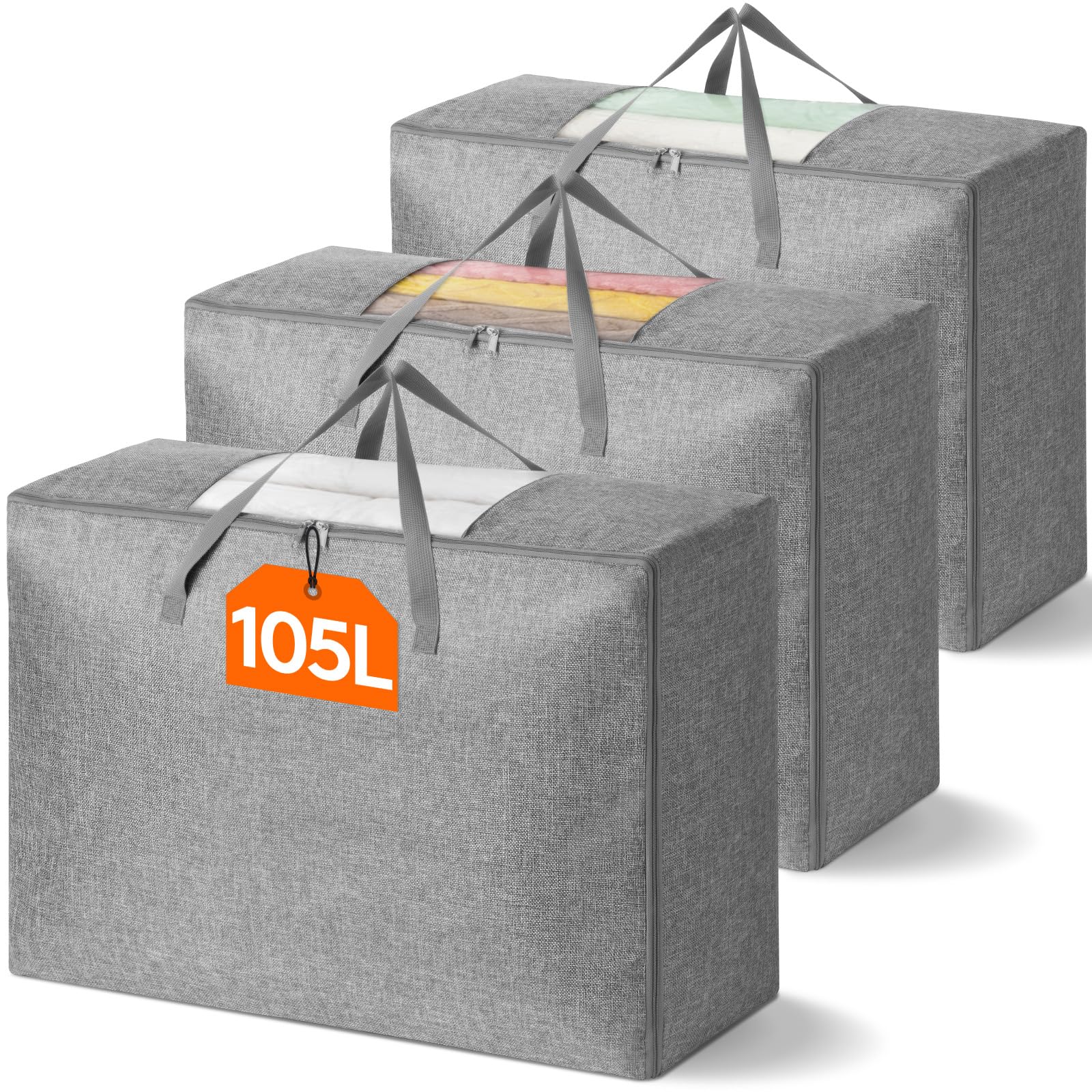 Lifewit 105L Comforter Storage Bag, 3 Pack Folable Storage Bins with Lids for Quilt, Duvet, Extra Large Bedding Storage Bags wit