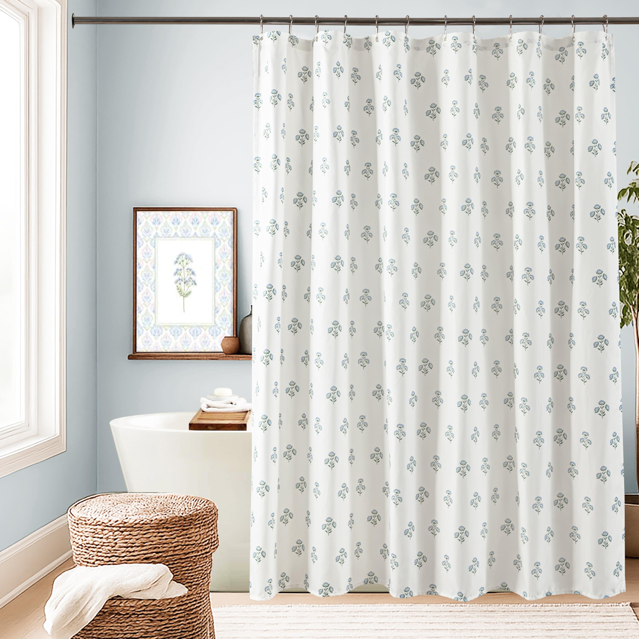 Lino Rosa Boho Vintage Floral Shower Curtain For Bathroom Water Repellent Fabric Drapes With Hooks Sets, 36X72 Inch Blue And Gre
