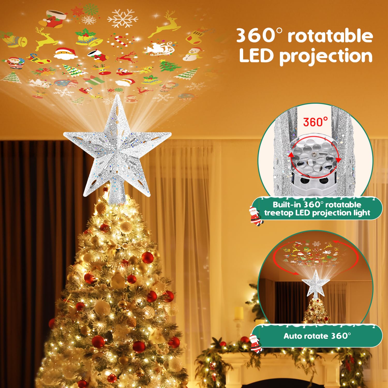 Mrrihand Christmas Tree Topper Lighted with 6 Projection Modes, Christmas Star Tree Topper Built-in LED Rotating Lights, Silver
