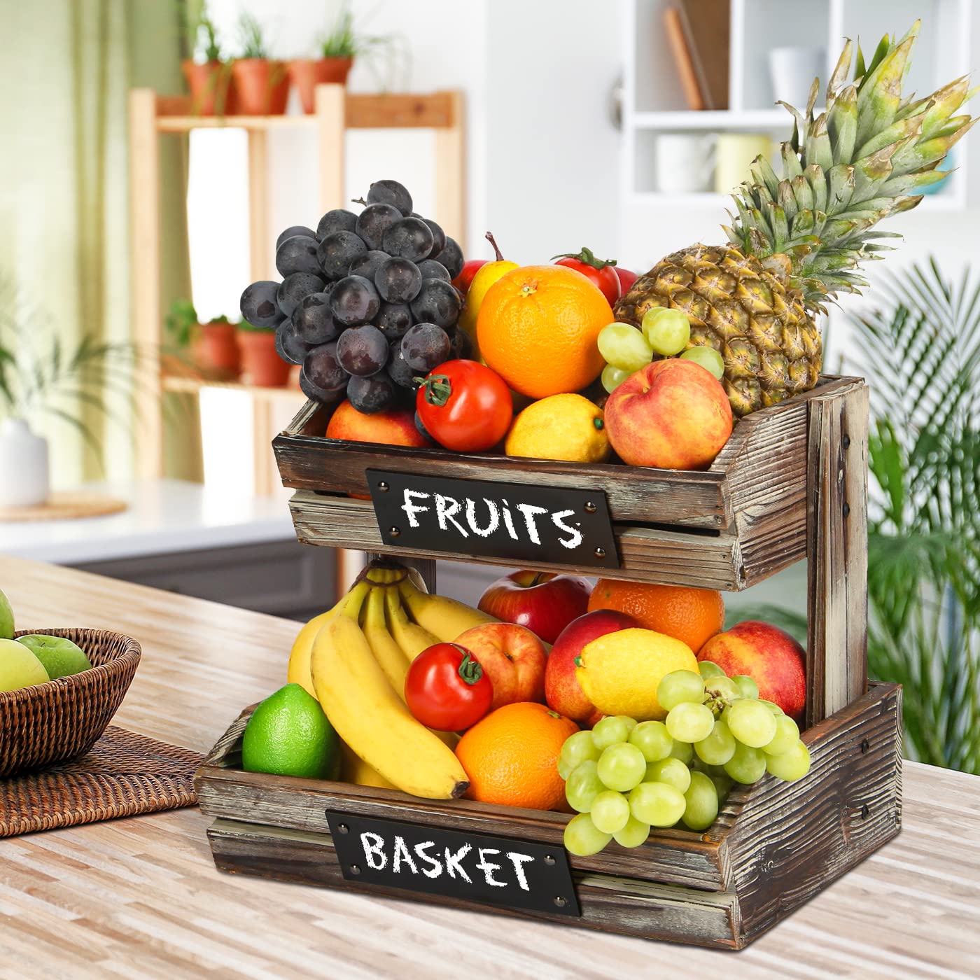 Jackcube Design 2 Tier Fruit Basket Holder, Rustic Wood Fruit Bowl Stand Kitchen Counter Storage With Chalkboard For Bread, Snac