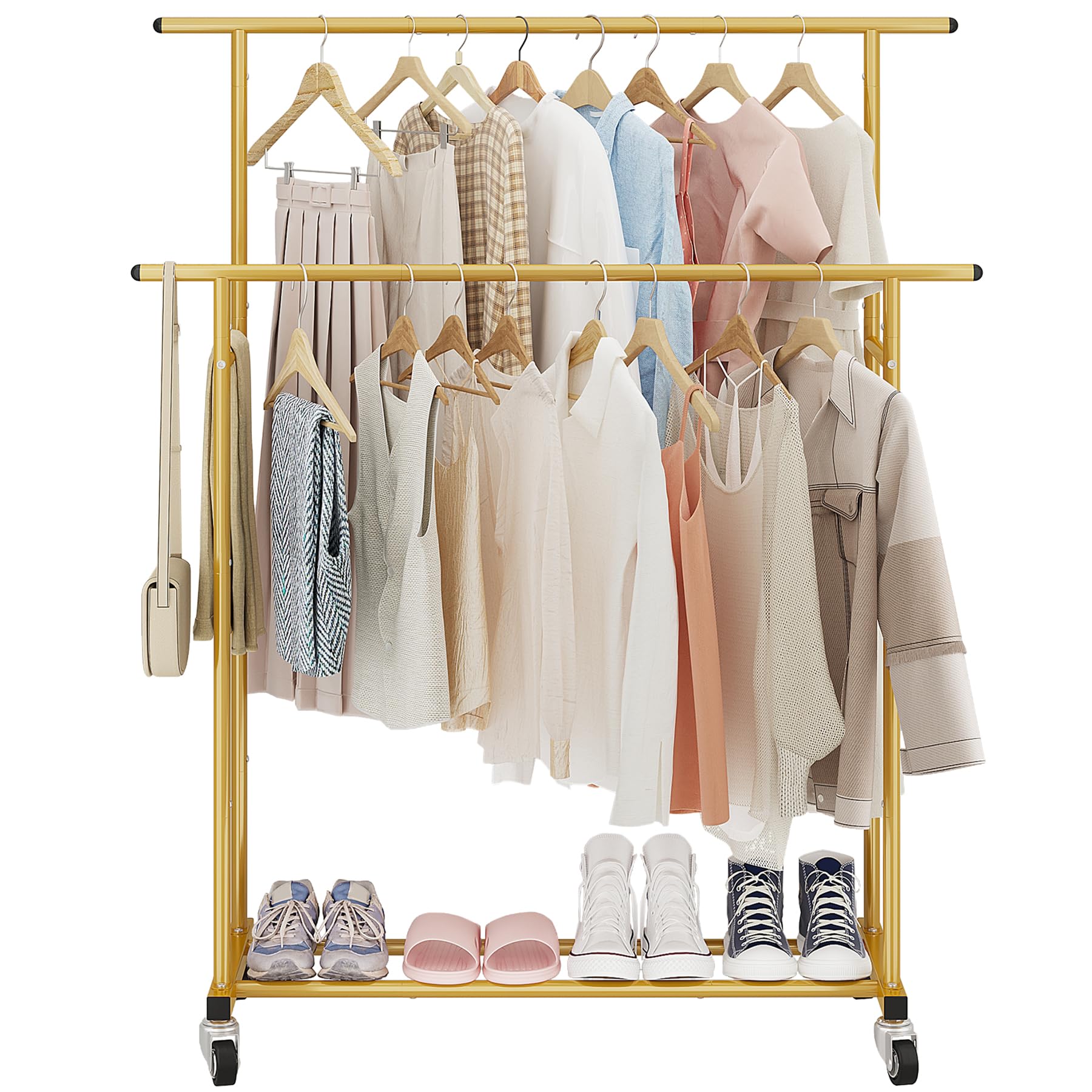 Calmootey Double Rod Clothing Garment Rack Rolling Hanging Clothes Rack Portable Clothes Organizer for Bedroom Living Room Clothing Store Gold