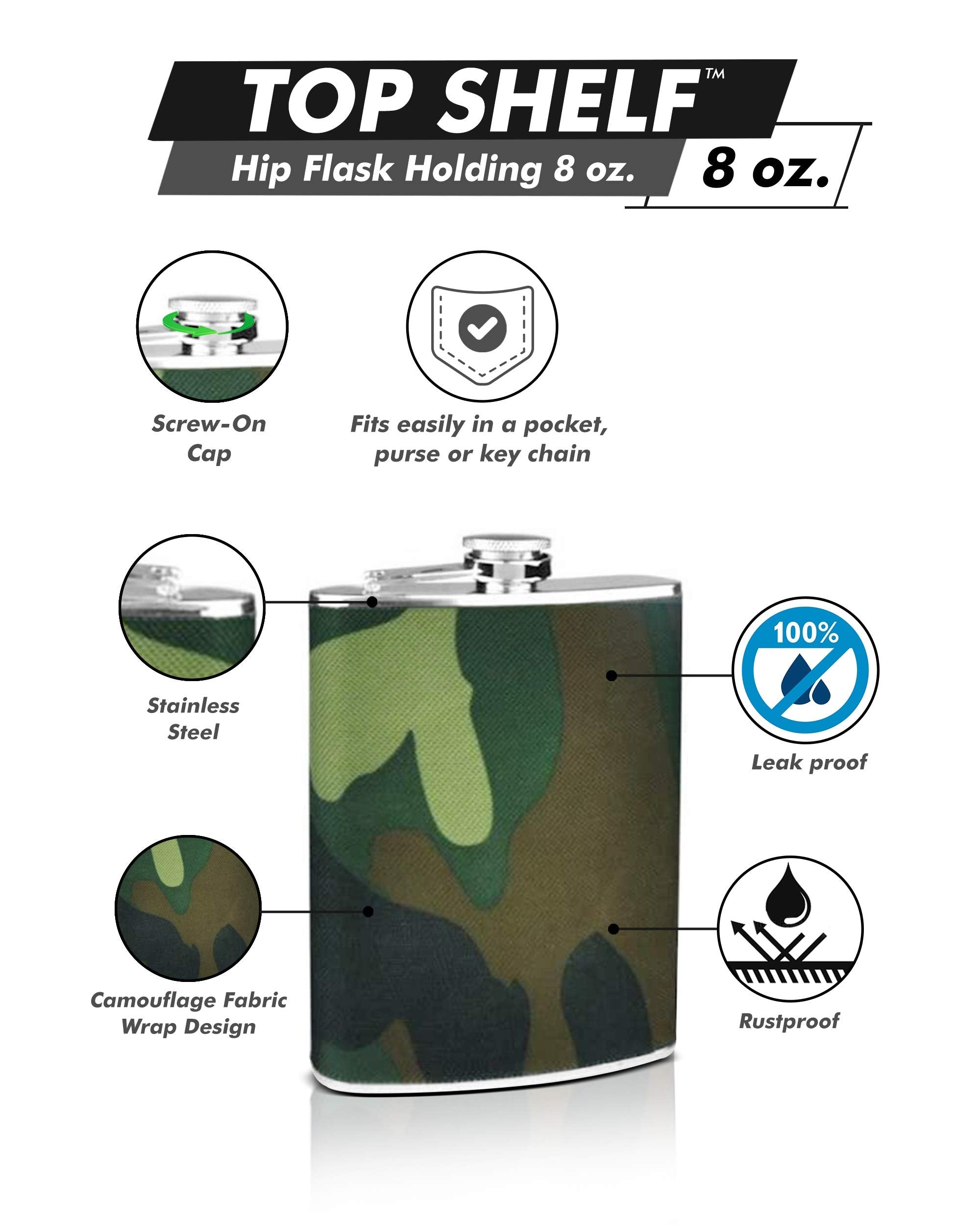 Hip Flask Holding 8 Oz - Camouflage Fabric Wrap Design - Pocket Size Stainless Steel Rustproof Screw-On Cap - Army Green Brown A