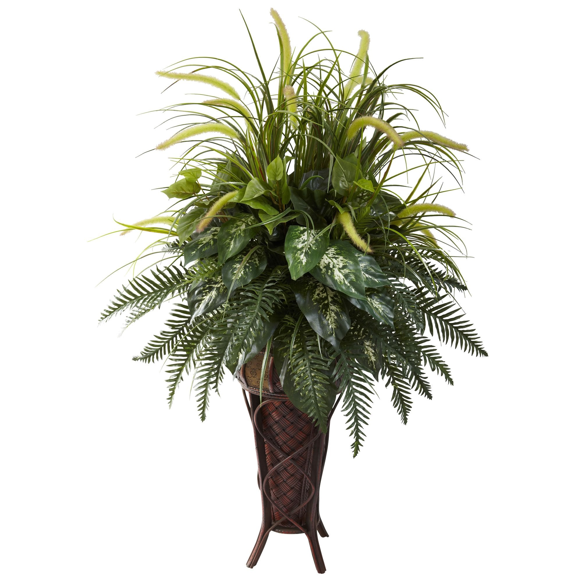 Nearly Natural 6725 Mixed Greens and Cattails Plant with Stand Planter, Green 34 x 32 x 50
