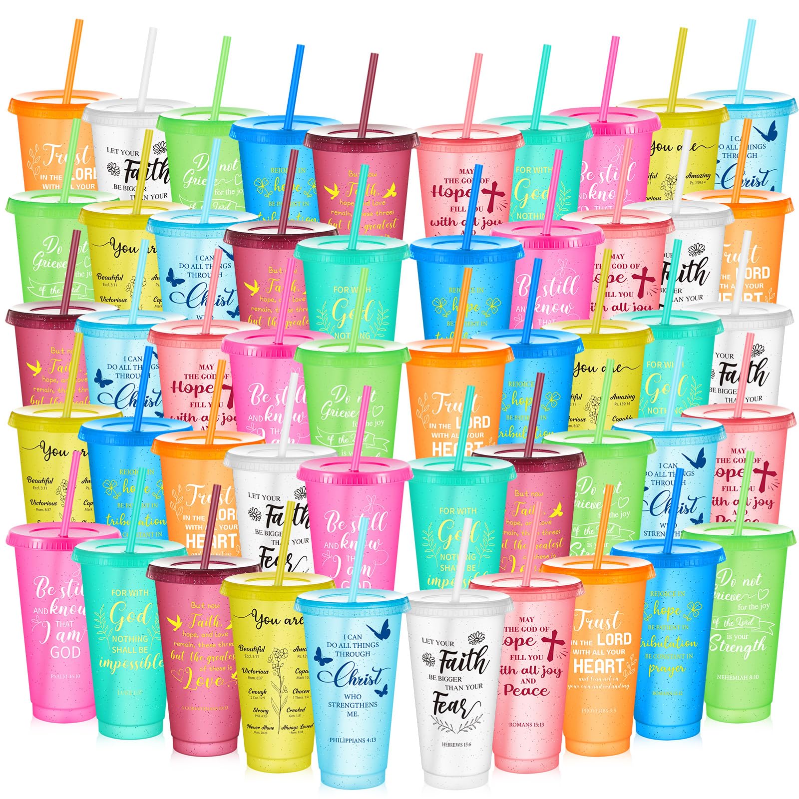 Uiifan 50 Pcs Christian Gifts Cups Bulk for Women, 24oz Bible Verse Christian Tumblers with Lids and Straw, Religious Church Gif