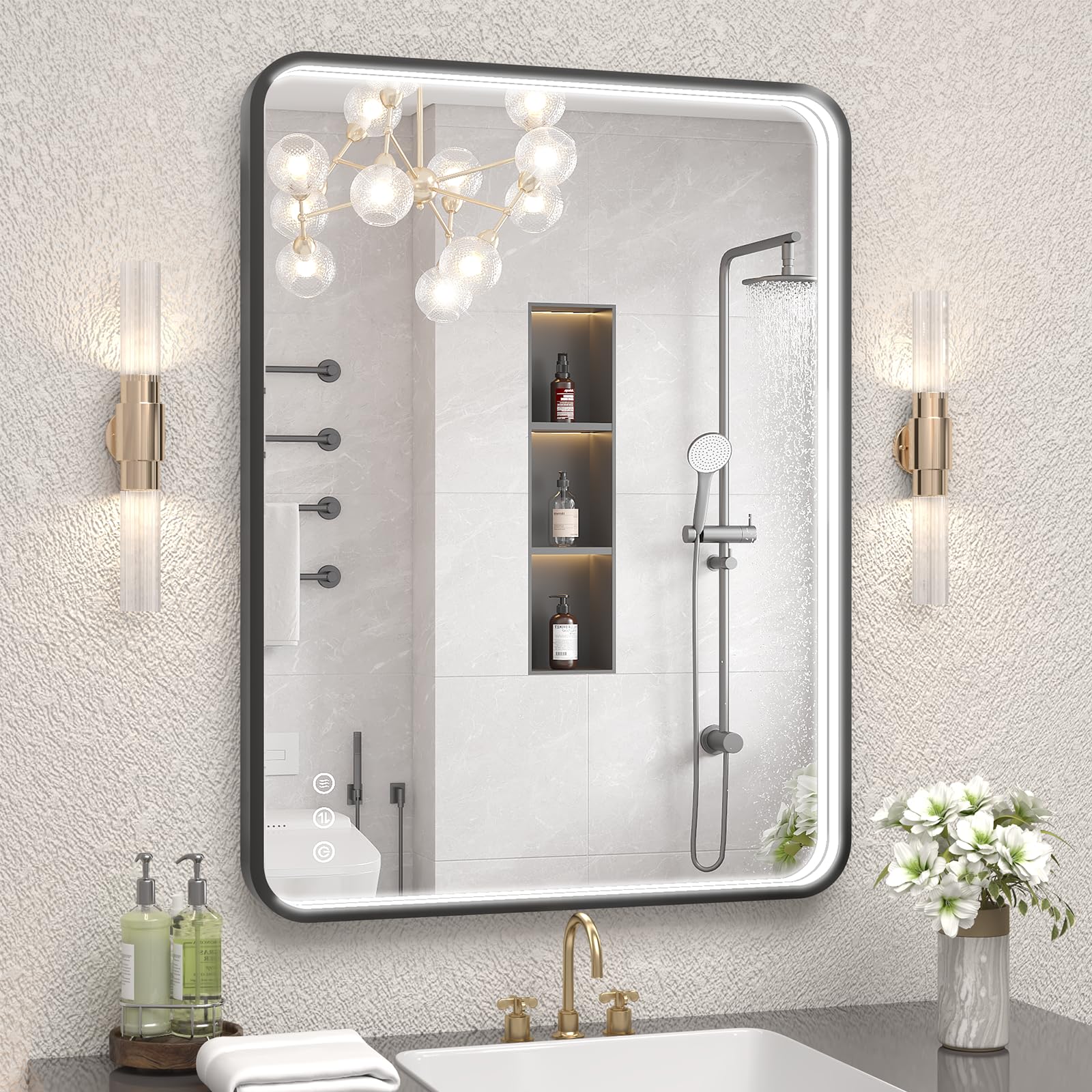 Twalsu 24X32 Inch Led Bathroom Mirror With Lights, Black Metal Framed Led Mirror For Bathroom, 3 Colors And Stepless Dimmable Wa