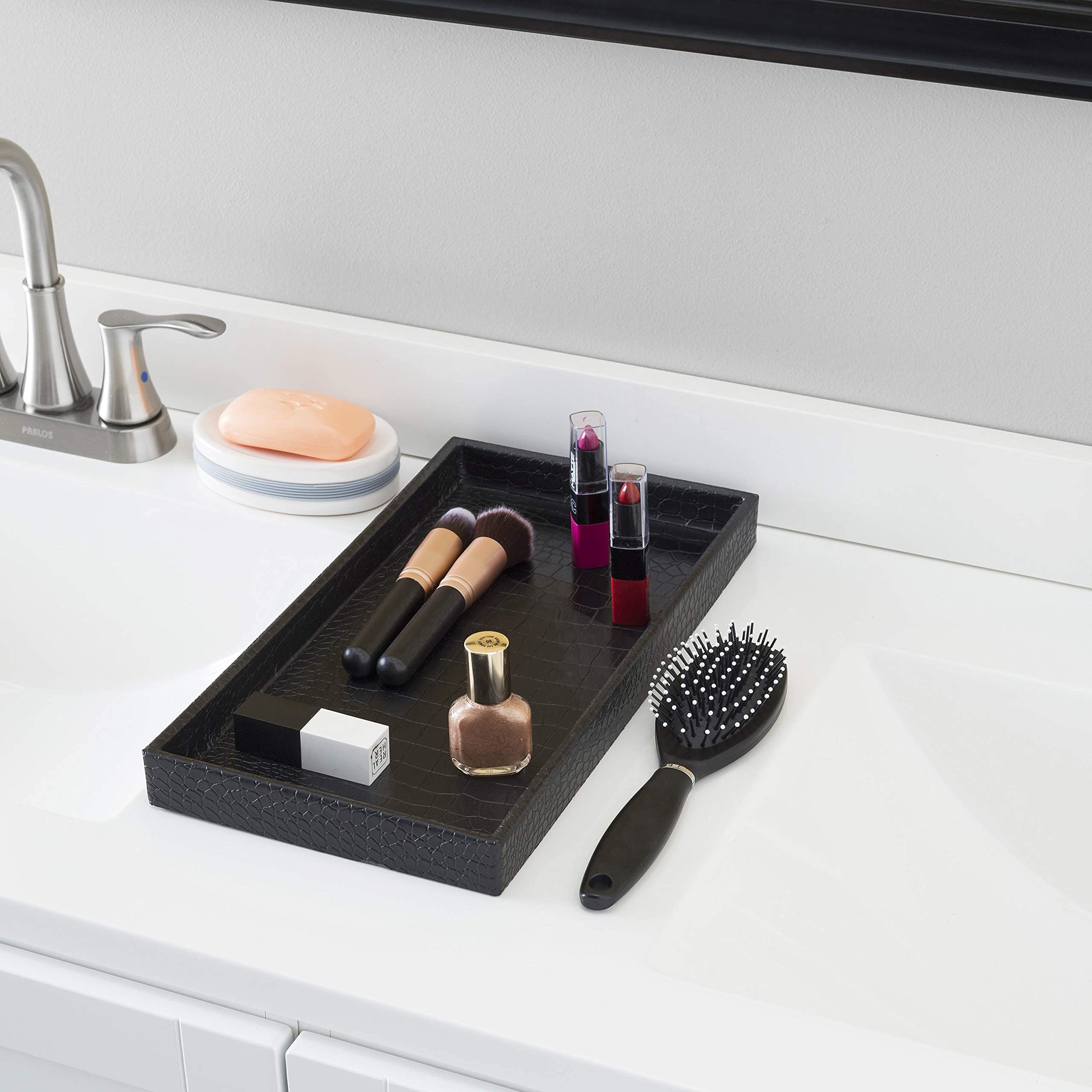 Perfume Tray For Vanity, (Black), By Home Basics | Faux Crocodile Vanity For Dresser Tops | Organizer Tray Great For Serving