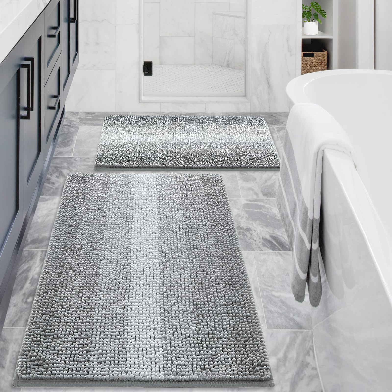 Gibelle Grey Bathroom Rug Set 2 Piece, Chenille Non Slip Bath Mat Set, Absorbent Shower Rug And Bath Room Floor Mats, Quick Dry