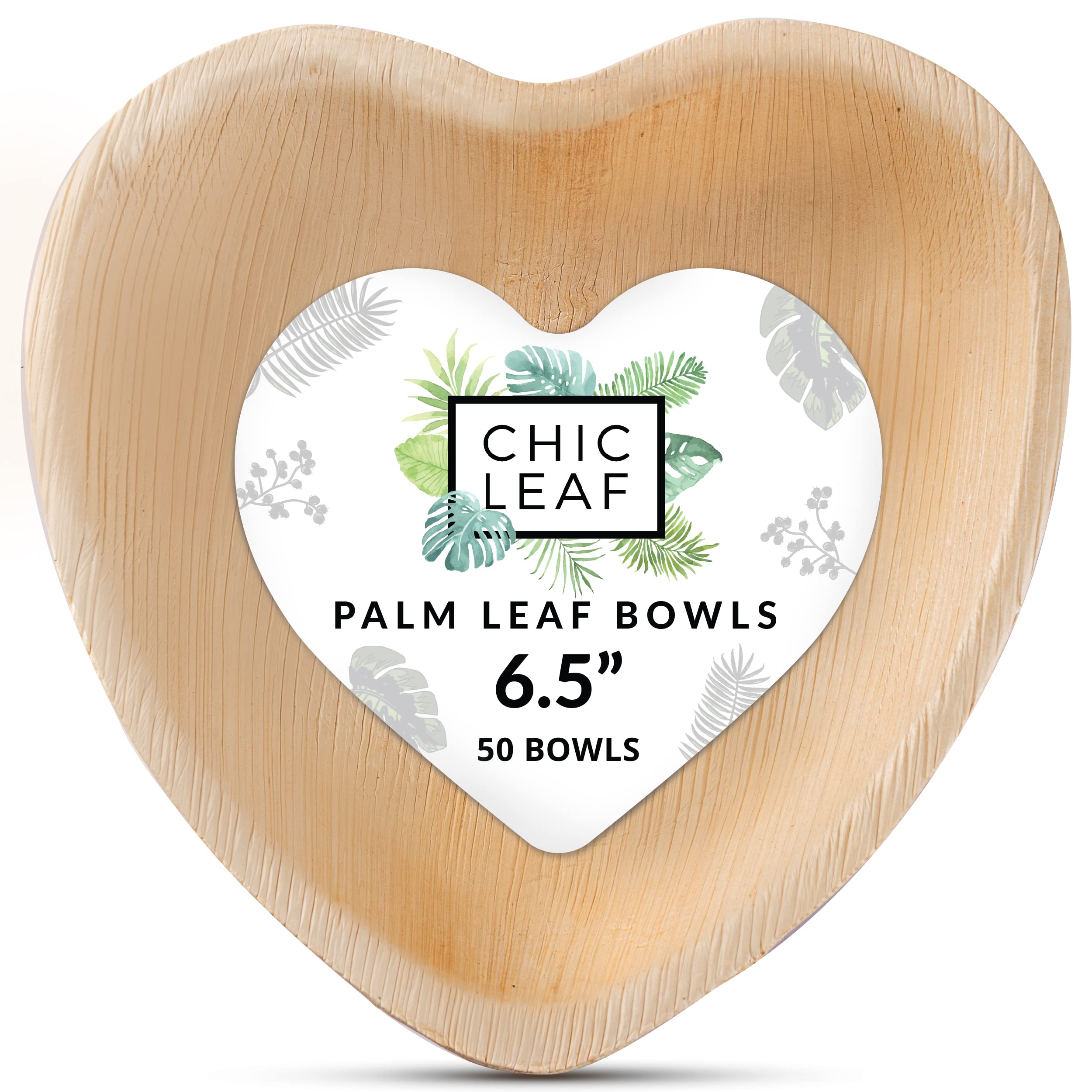 Chic Leaf Palm Leaf Bowls Disposable Bamboo Heart Shaped Bowls 6.5 Inch Heart Dish (50 Heart Bowls) - Compostable Heart Shaped P