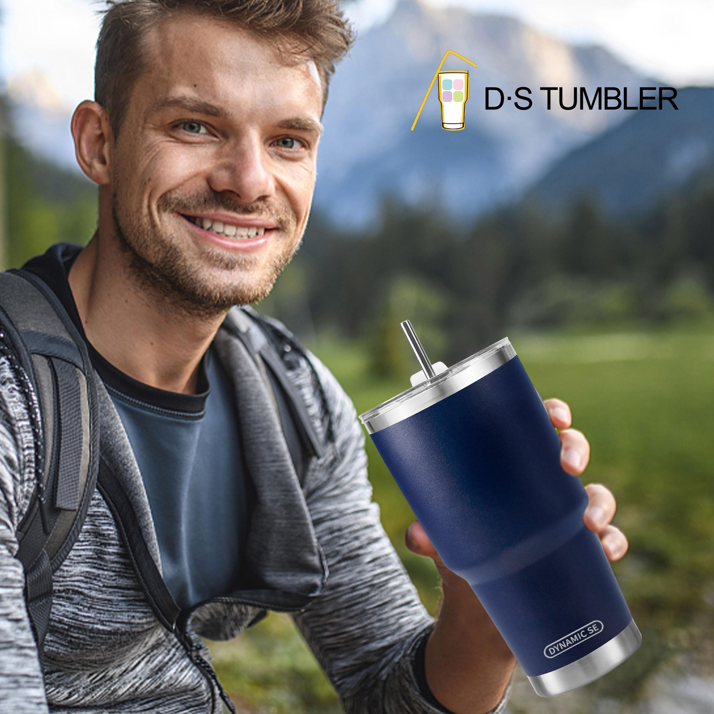 DS 30 oz Navy Tumbler Stainless Steel Double Wall Vacuum Insulated Mug with Straw and Lid, Cleaning Brush for Cold and Hot Bever