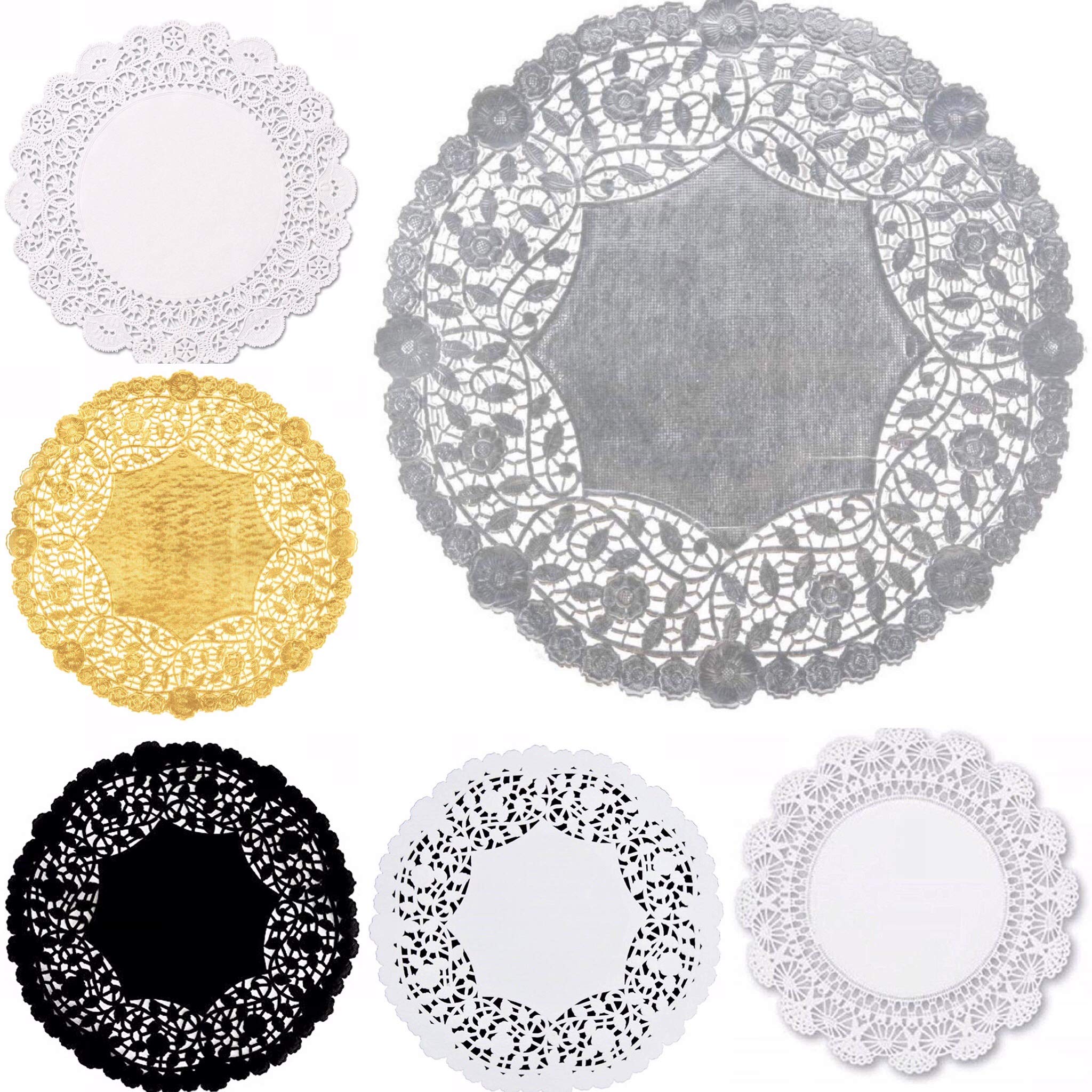 Combo Pack 10-Inch Doilies - White Black Paper Lace And Metallic Silver Gold Foil- Assorted Styles And Colors By The Baker Celeb