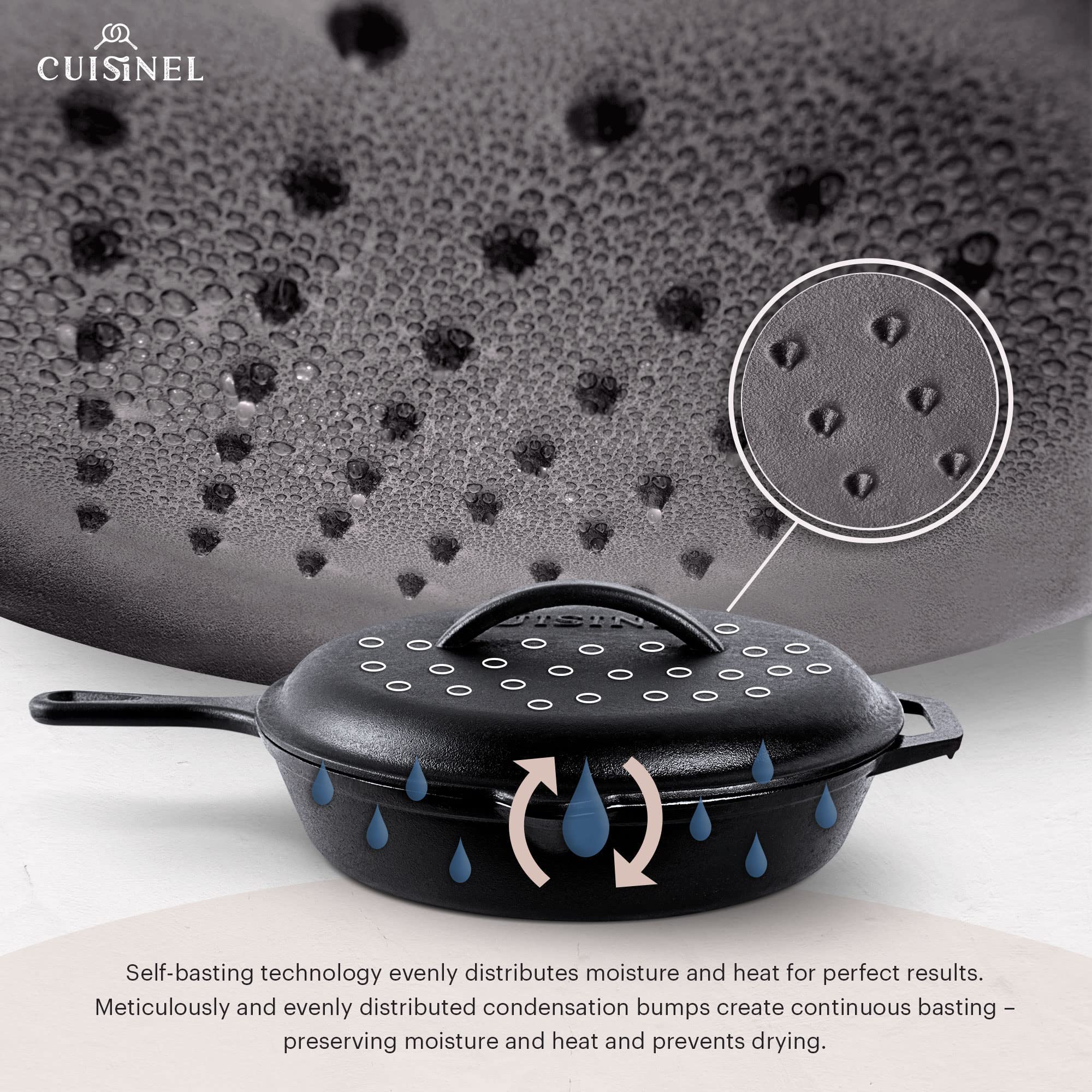 Cuisinel Cast Iron Skillet With Lid - 12''-Inch Pre-Seasoned Covered Frying Pan Set + Silicone Handle & Lid Holders + Scraper/Cl