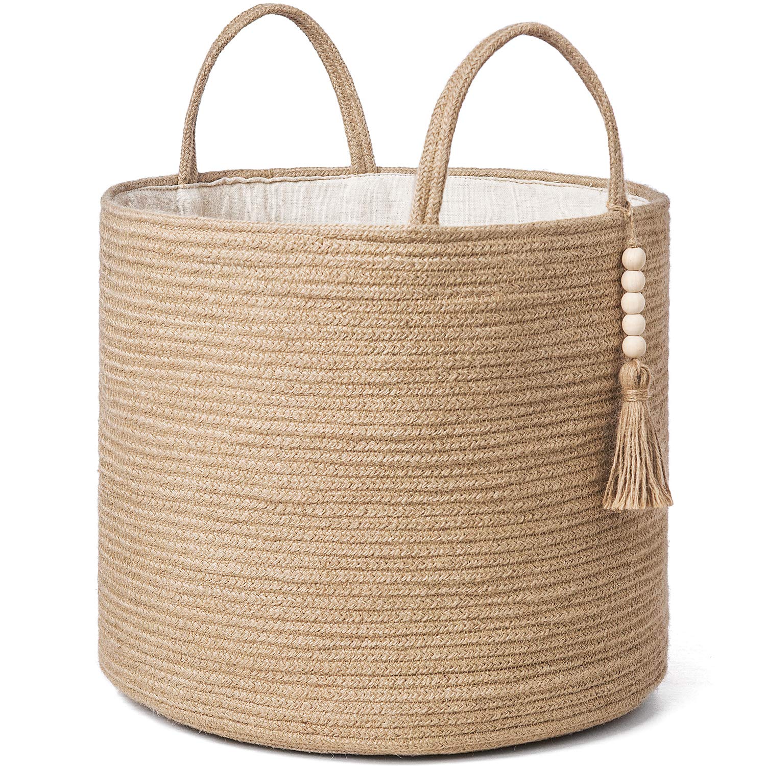 Mkono Woven Storage Basket Decorative Rope Basket Wooden Bead Decoration For Blankets,Toys,Clothes,Shoes,Plant Organizer Bin Wit