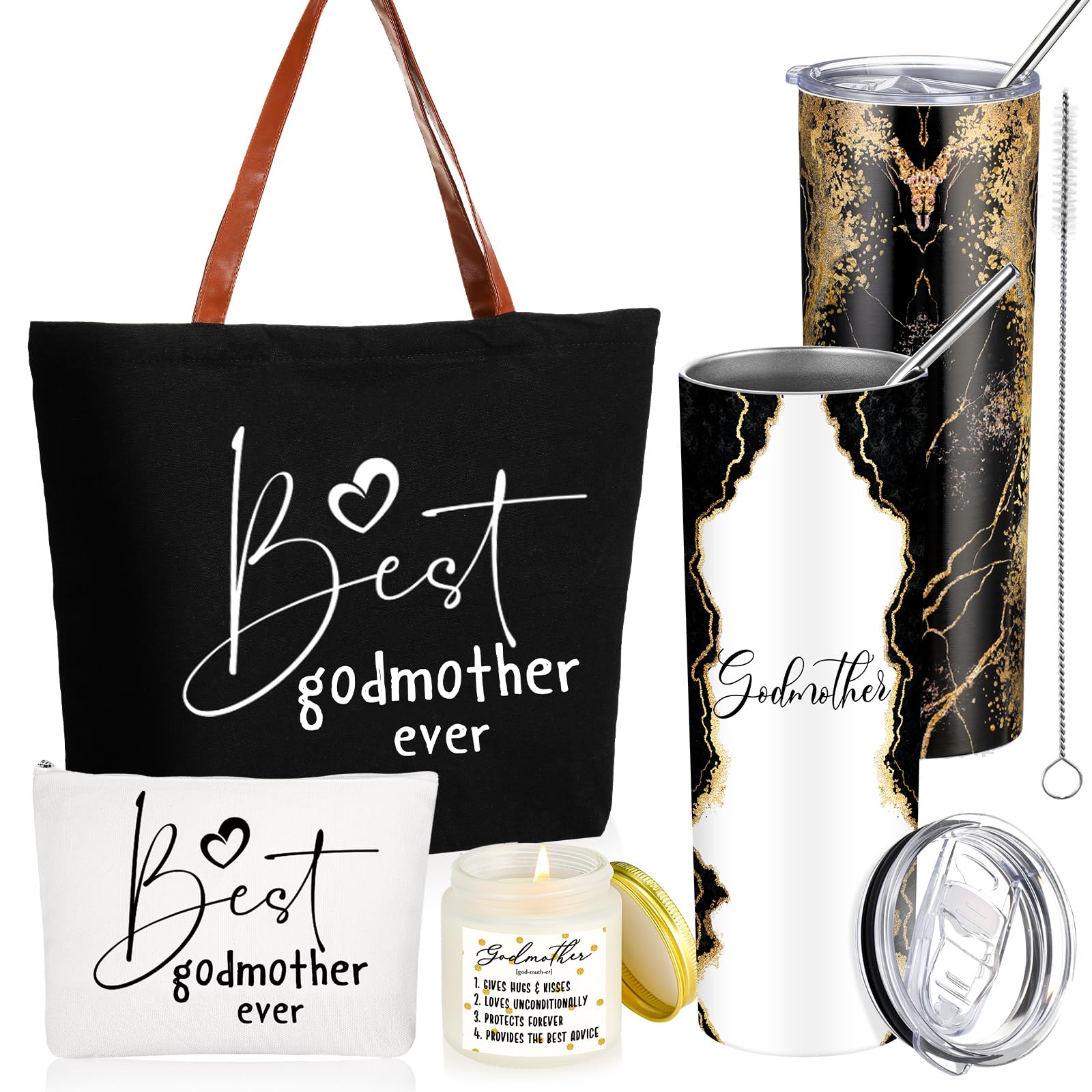Domensi 4 Pack Godmother Proposal Gifts Set Included 20oz Stainless Steel Tumbler Cup with Straw and Lid Best Godmother Ever Gif