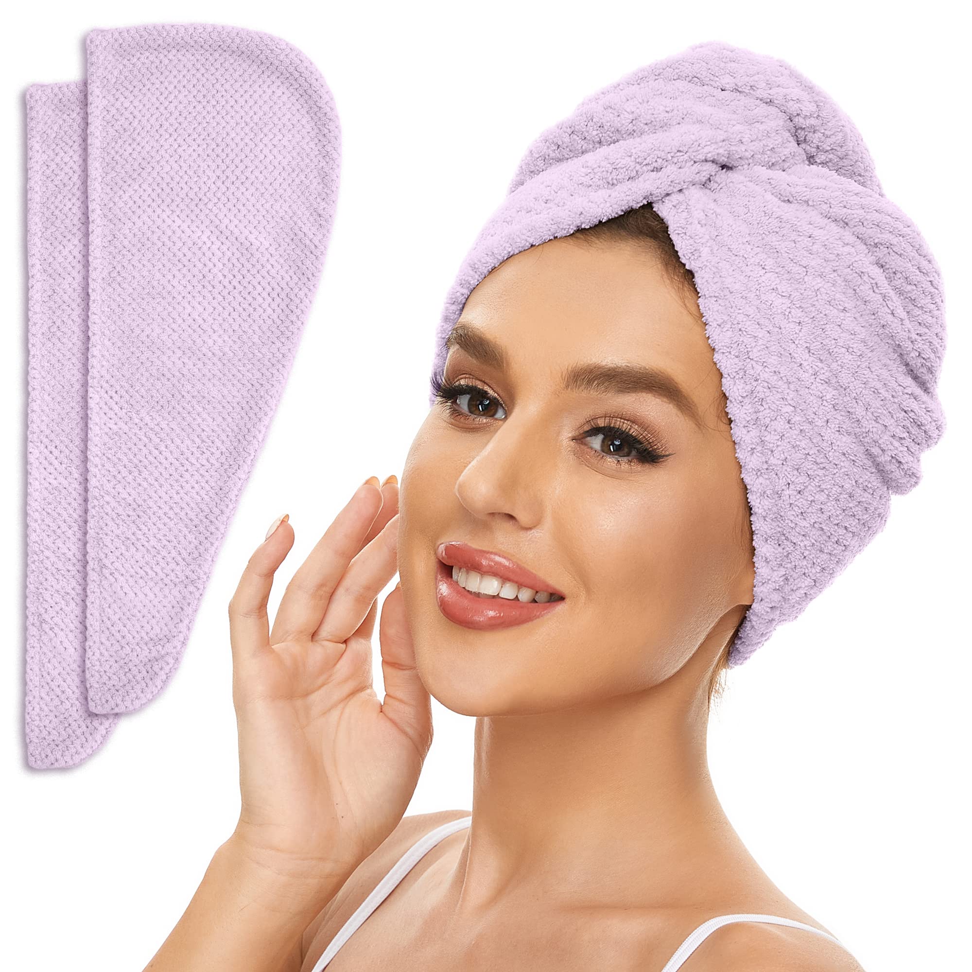 Microfiber Hair Towel for All Hair Style, 2 Pack Quick Drying Hair Turban - Perfect for Women, Men and Kids (Light Purple)