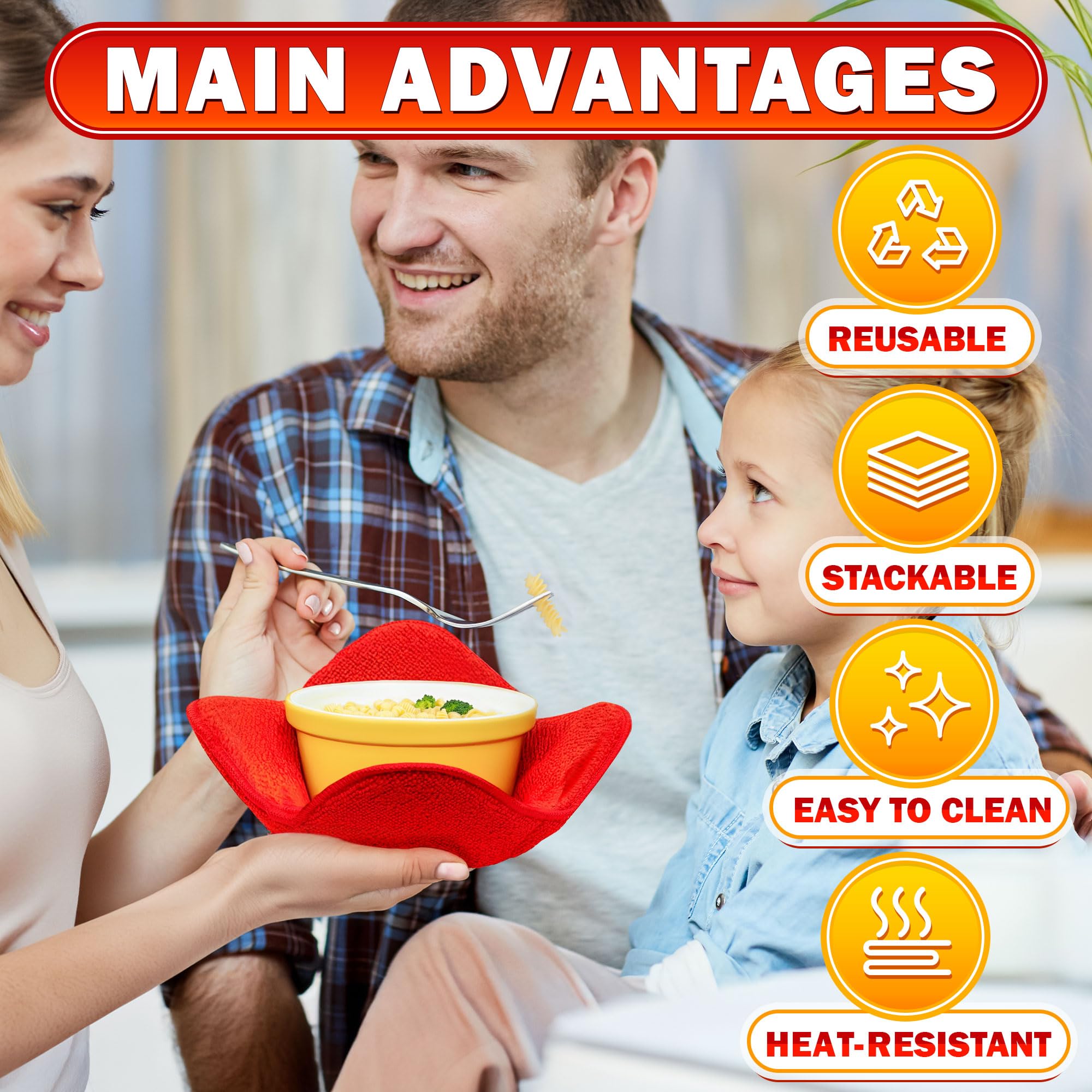 LIBERHAUS Microwave Bowl Holder Set - 2 Pcs Red Cozy, Durable Heat-Resistant Microfiber, 7.5"×7.5" for Hot Dishes