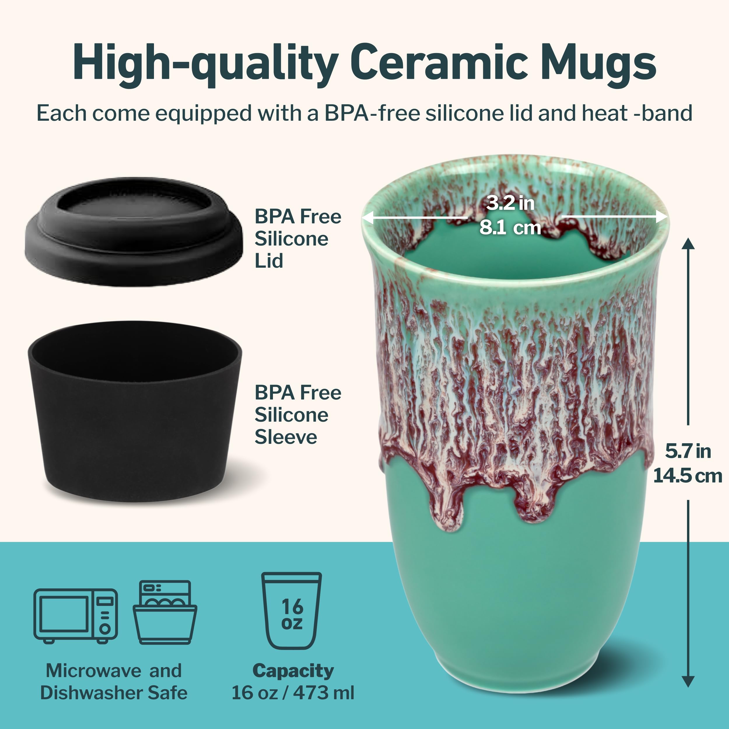 NOVA CERAMICS Travel Mug On the Go Coffee Tumbler Microwave & Dishwasher Safe Green Tumbler - Gifts For Women Men Him Her 16oz N