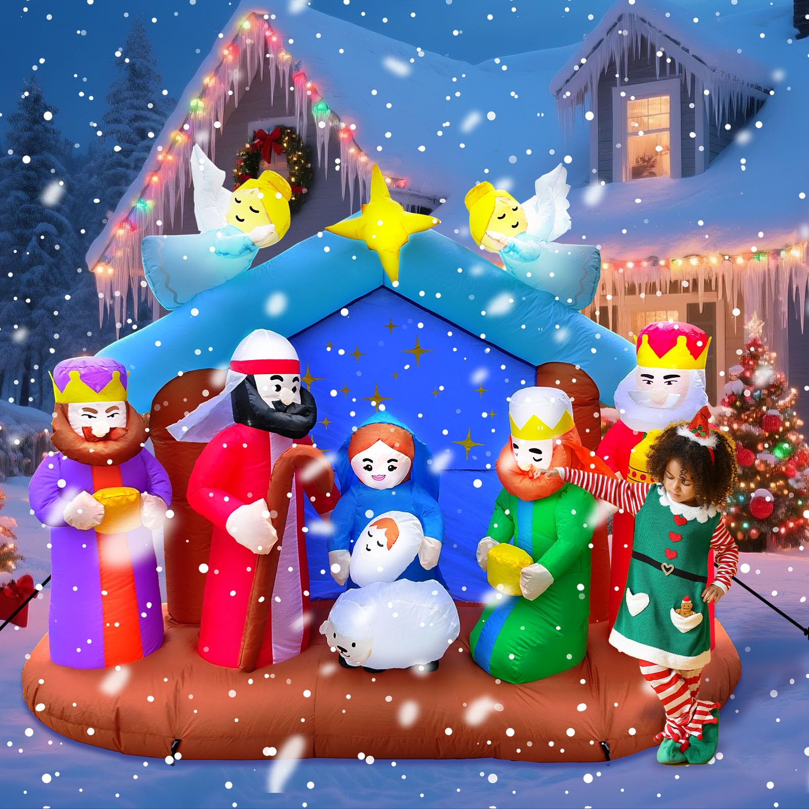 SRANWOW 8 FT Christmas Inflatable Nativity Scene Outdoor Decorations with 10 LED Lights Christmas Blow Up Yard Decoration Holida